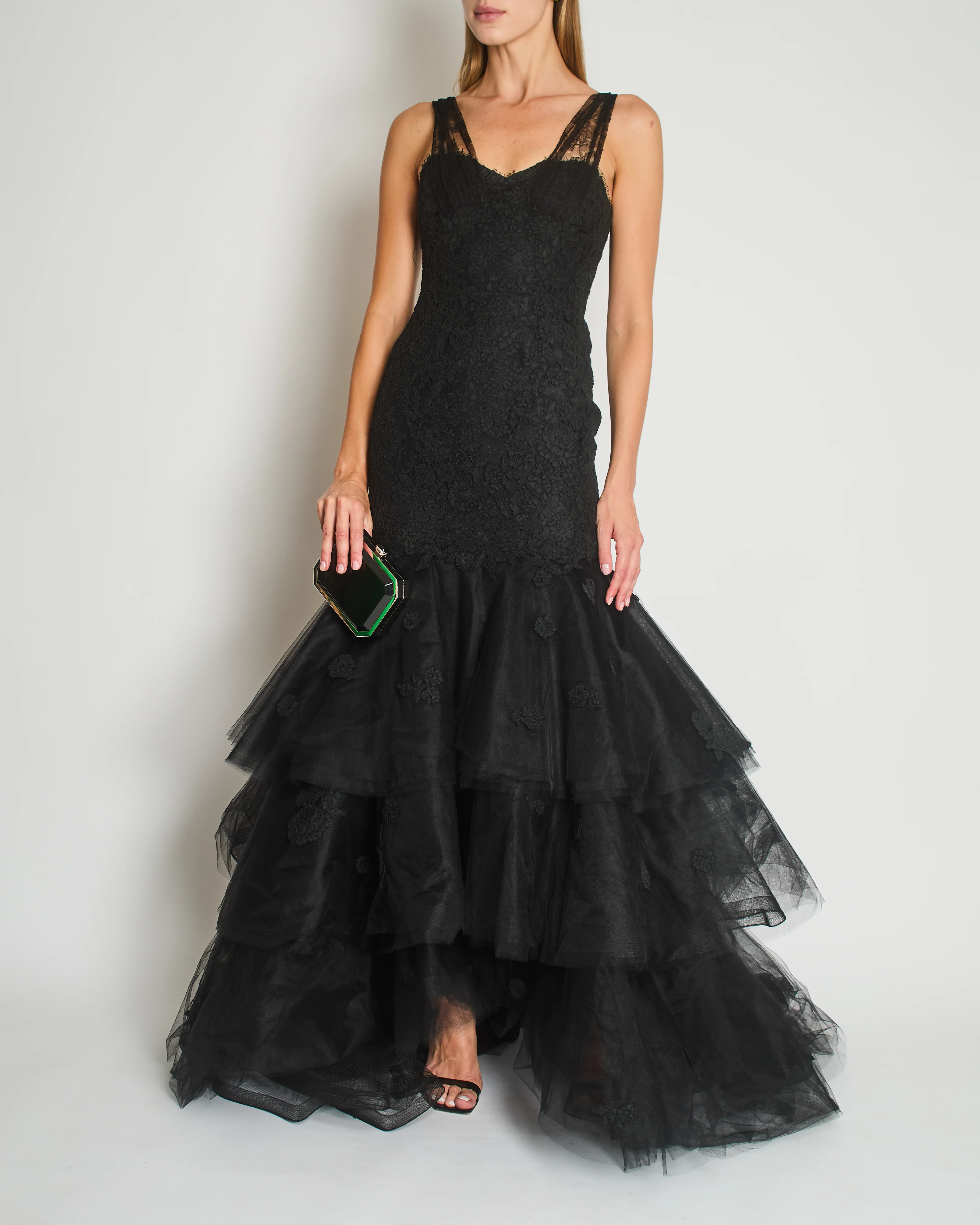 Oscar De La Renta Lace Sleeveless Maxi Gown Dress with Floral Lace Embellishment Details Size US 4 (UK 8)