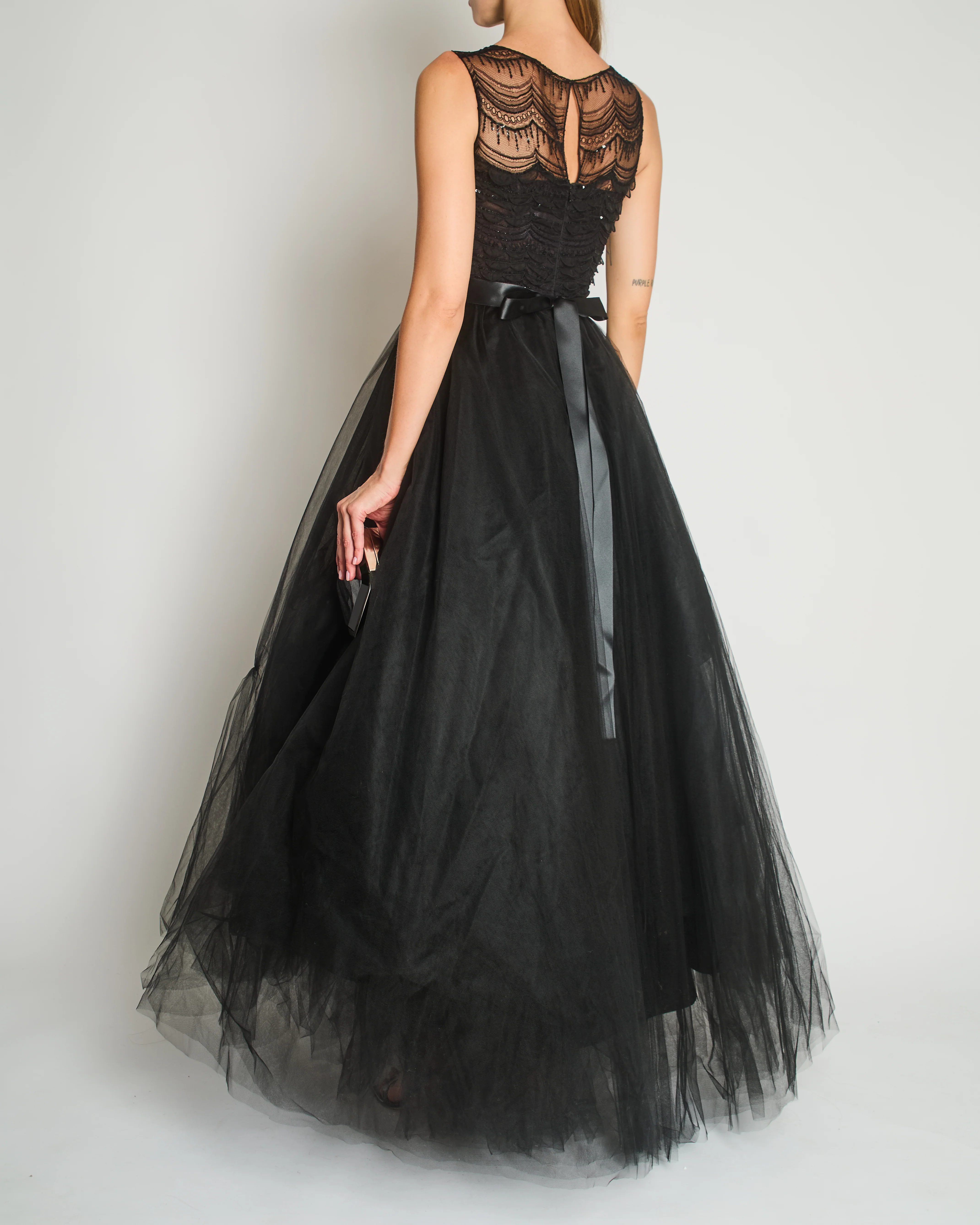 Oscar De La Renta Tulle Sleeveless Maxi Gown Dress with Sequinned Lace Bustier Detail Size US 4 (UK 8) - Image 2