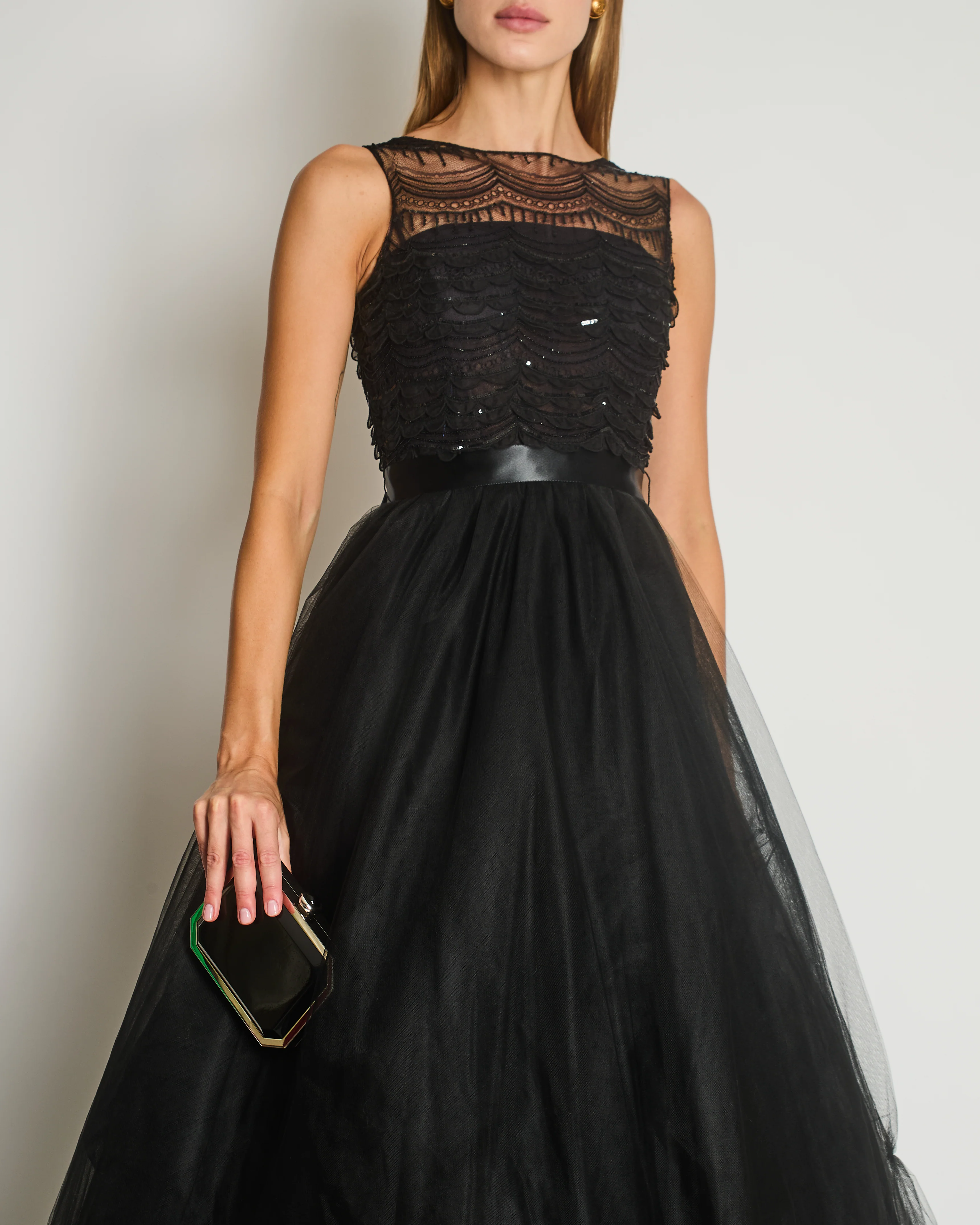 Oscar De La Renta Tulle Sleeveless Maxi Gown Dress with Sequinned Lace Bustier Detail Size US 4 (UK 8) - Image 3