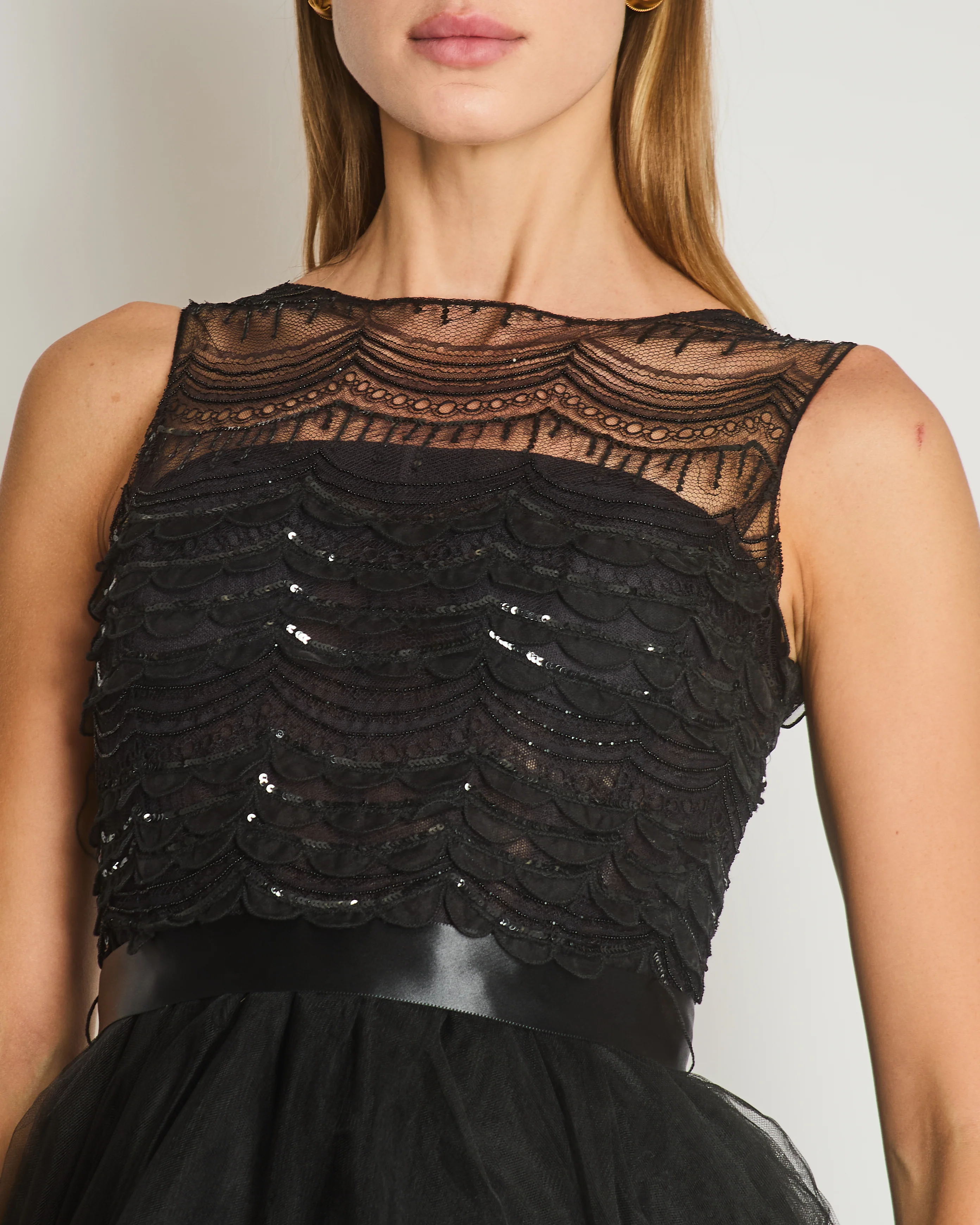 Oscar De La Renta Tulle Sleeveless Maxi Gown Dress with Sequinned Lace Bustier Detail Size US 4 (UK 8) - Image 4