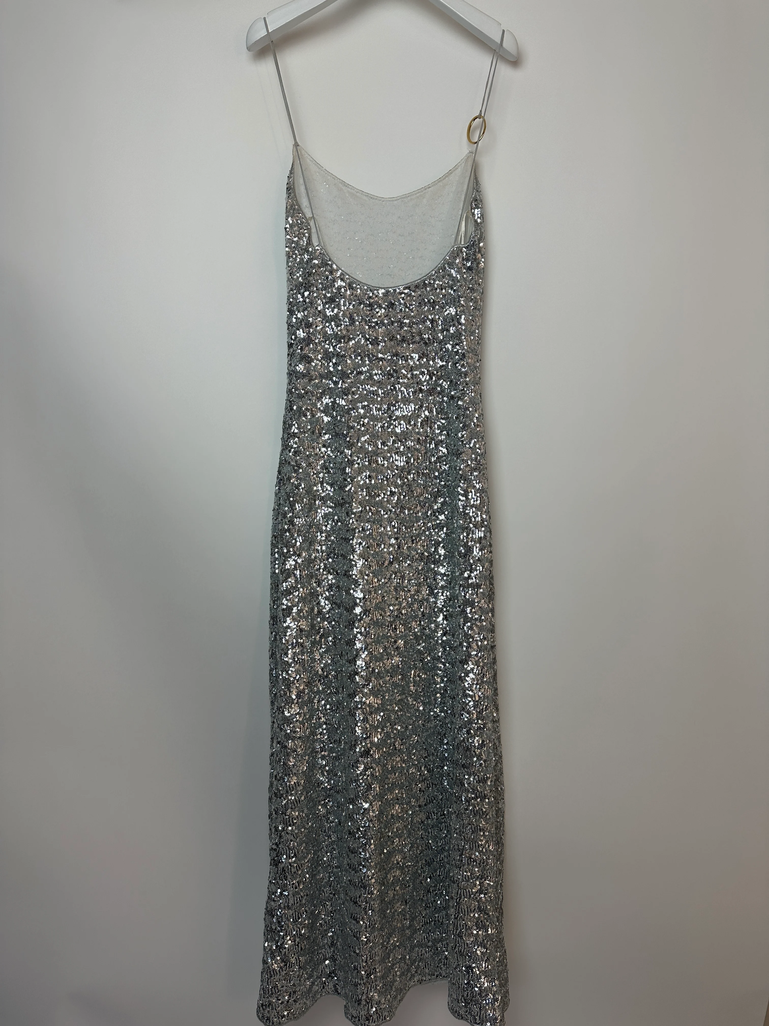 Oséree Silver Sequin Pailettes Maxi Dress with Gold Ring Strap Detail and Side Slit Size L (UK 12) - Image 10