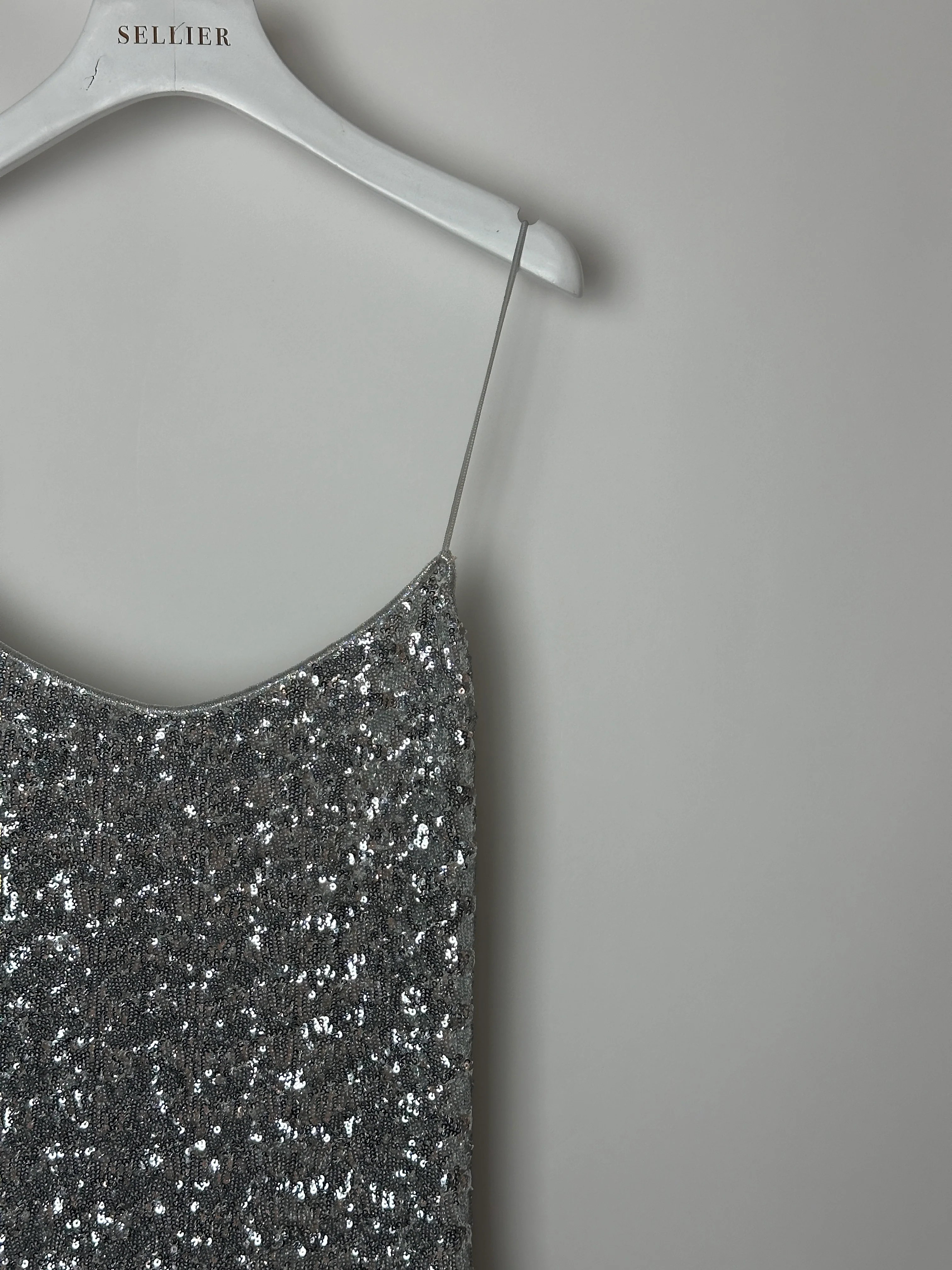 Oséree Silver Sequin Pailettes Maxi Dress with Gold Ring Strap Detail and Side Slit Size L (UK 12) - Image 11