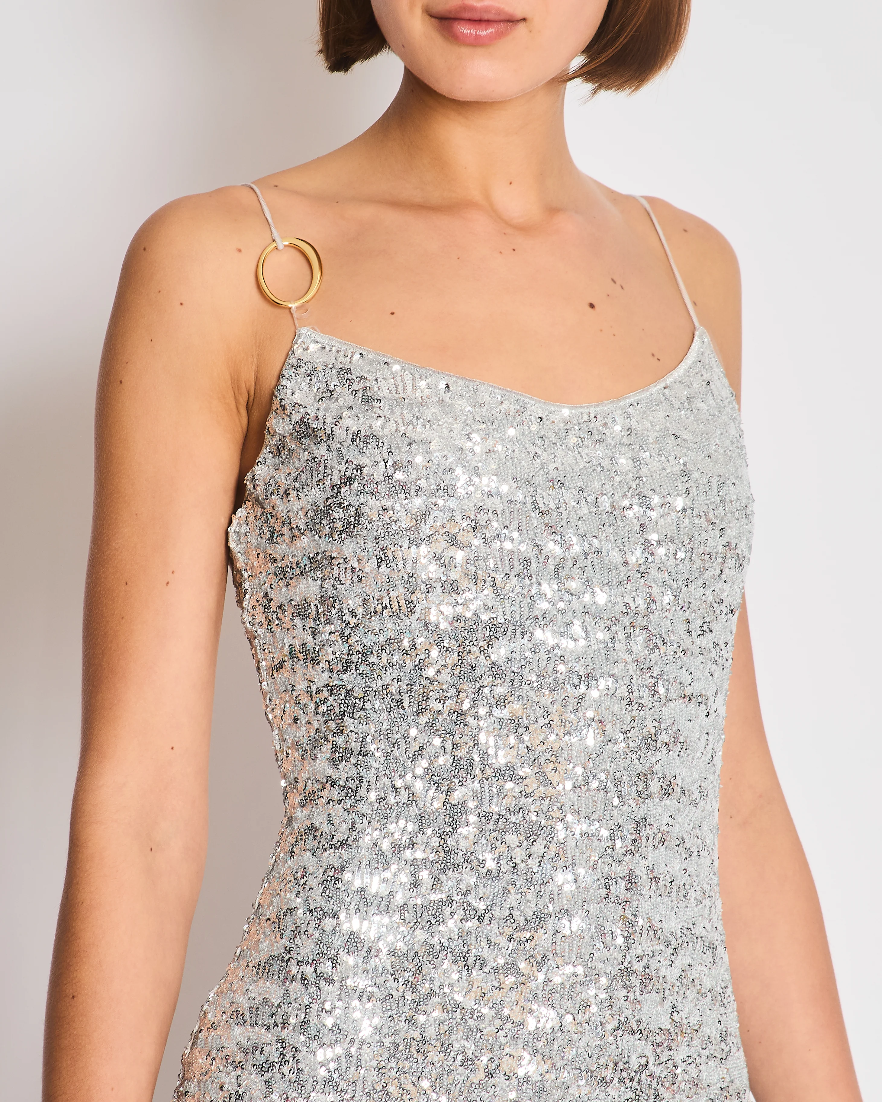 Oséree Silver Sequin Pailettes Maxi Dress with Gold Ring Strap Detail and Side Slit Size L (UK 12) - Image 4