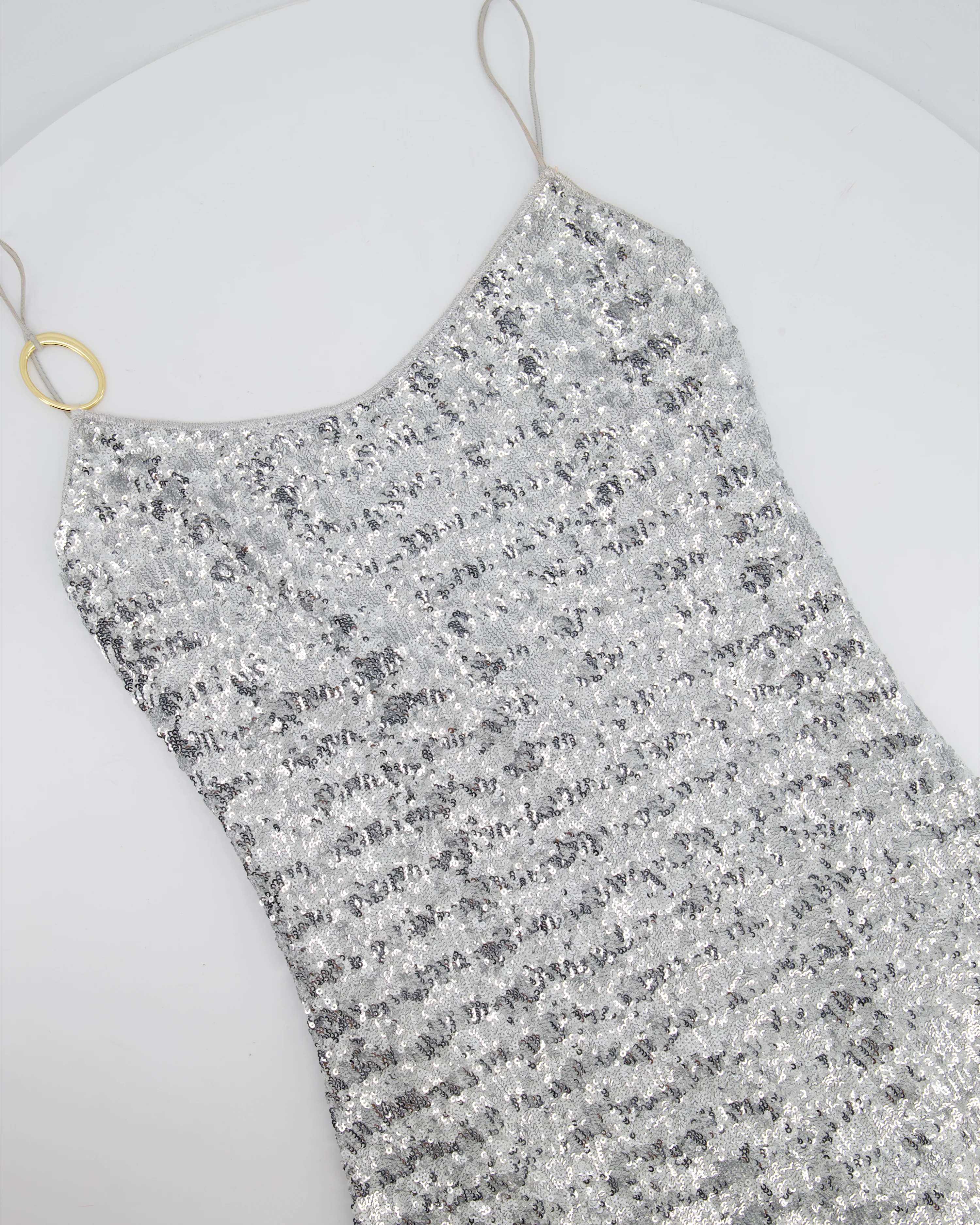 Oséree Silver Sequin Pailettes Maxi Dress with Gold Ring Strap Detail and Side Slit Size L (UK 12) - Image 5