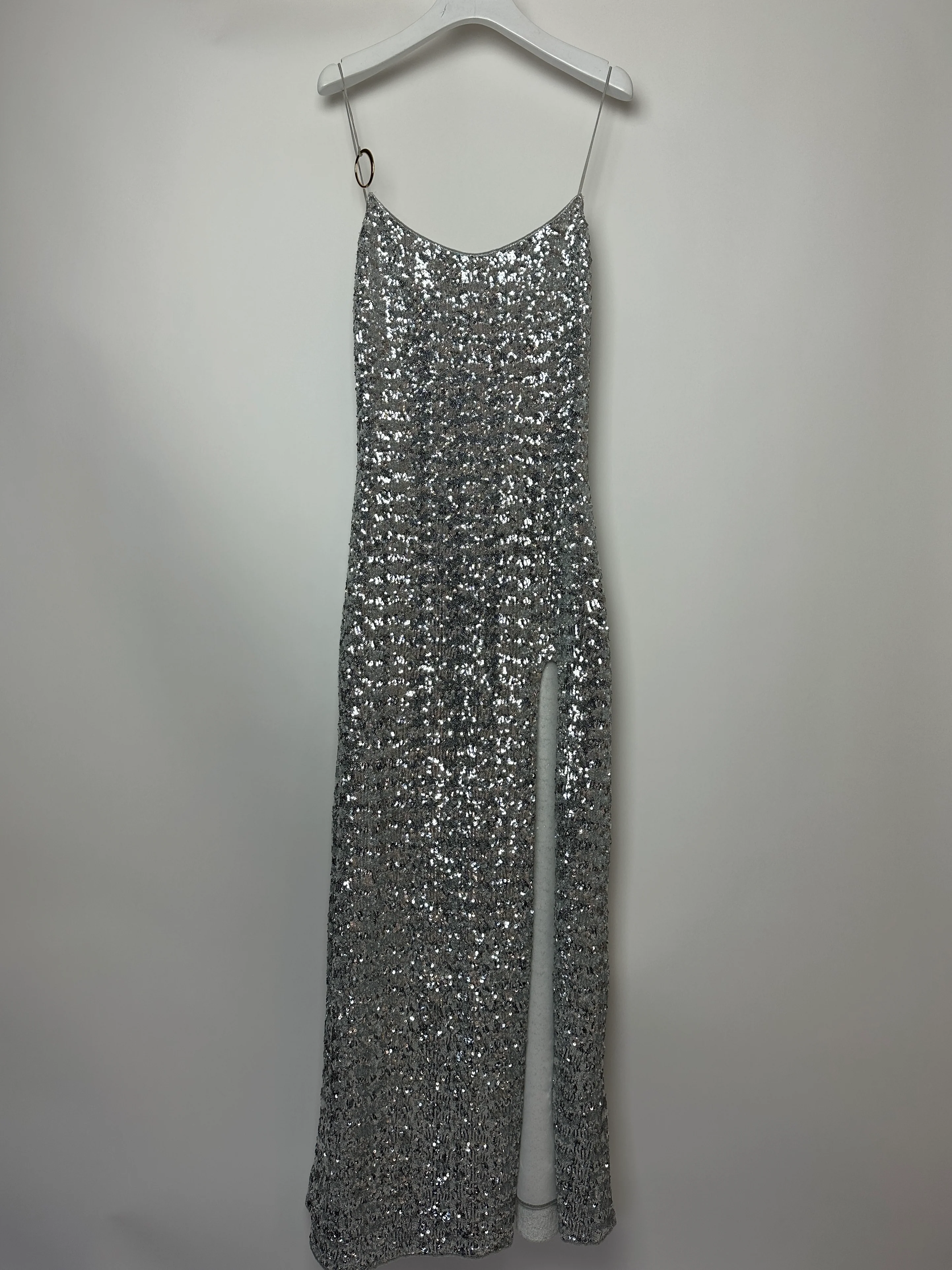 Oséree Silver Sequin Pailettes Maxi Dress with Gold Ring Strap Detail and Side Slit Size L (UK 12) - Image 9