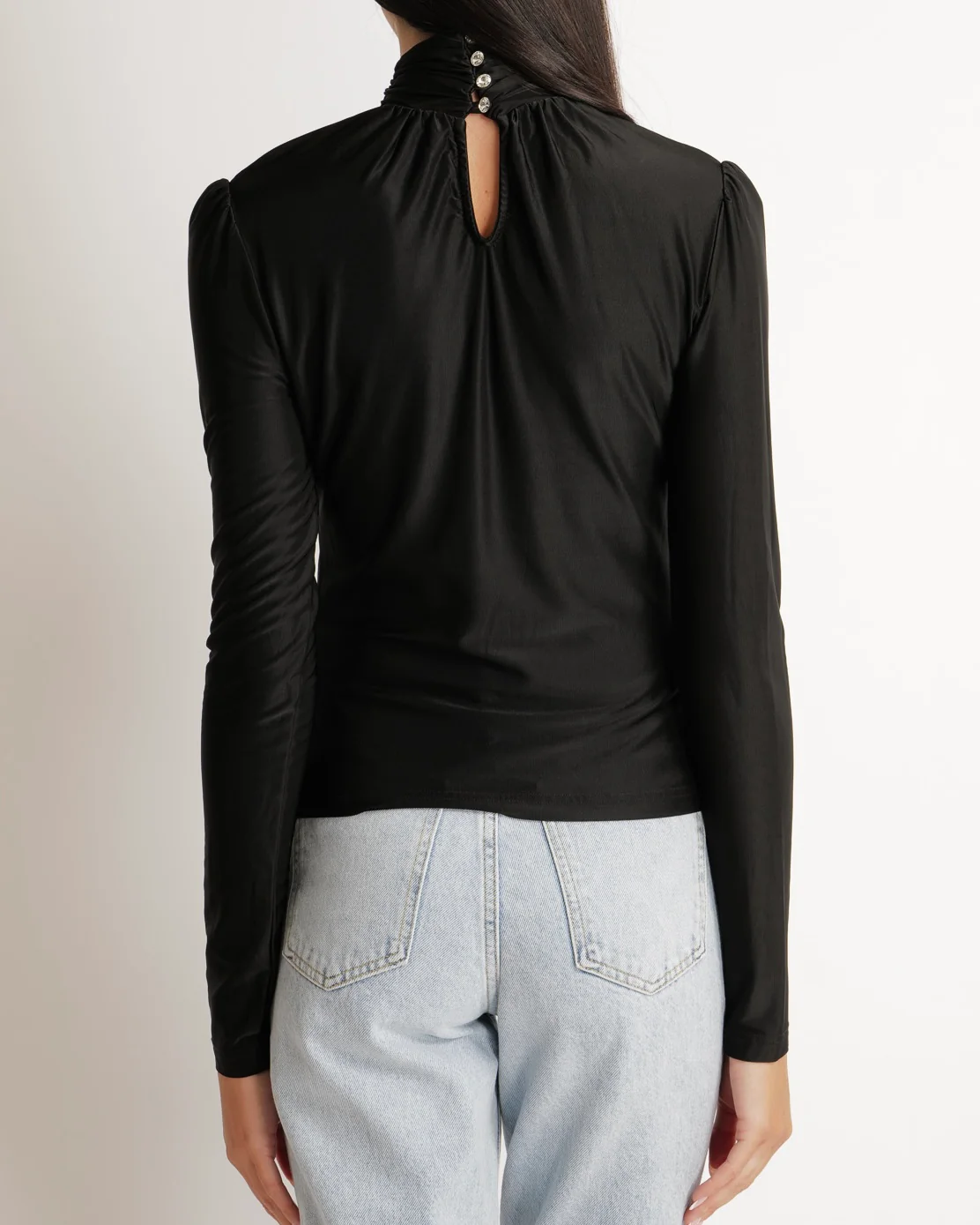 Paco Rabanne Black Crystal Embellished Long Sleeved Top with Rouched Neck Detail Size FR 38 (UK 10) RRP £500 - Image 2