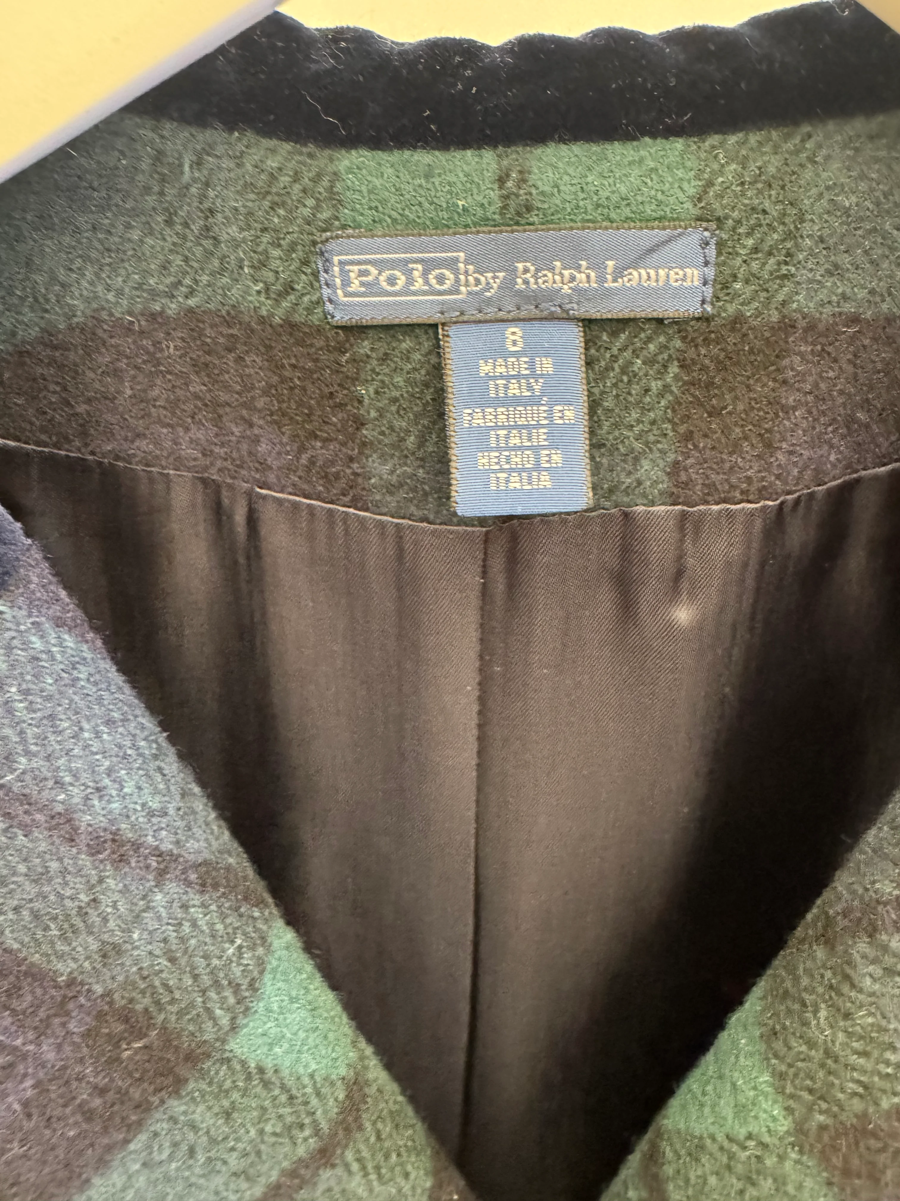 Polo Ralph Lauren Kids Wool Navy and Green Checked Coat with Gold Buttons and Velvet Collar Size 8 years RRP £500 - Image 4