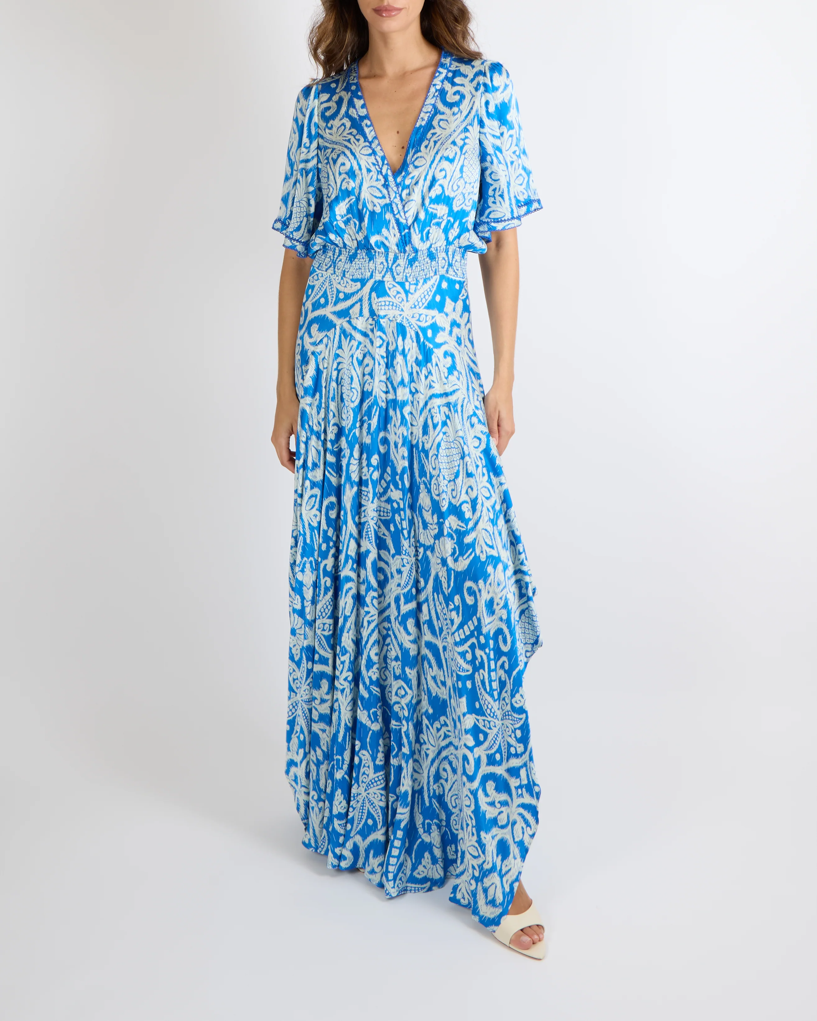 Poupette St Barth Turquoise and White Macro Ikat Print Mabelle Maxi Dress Size L (UK 12)