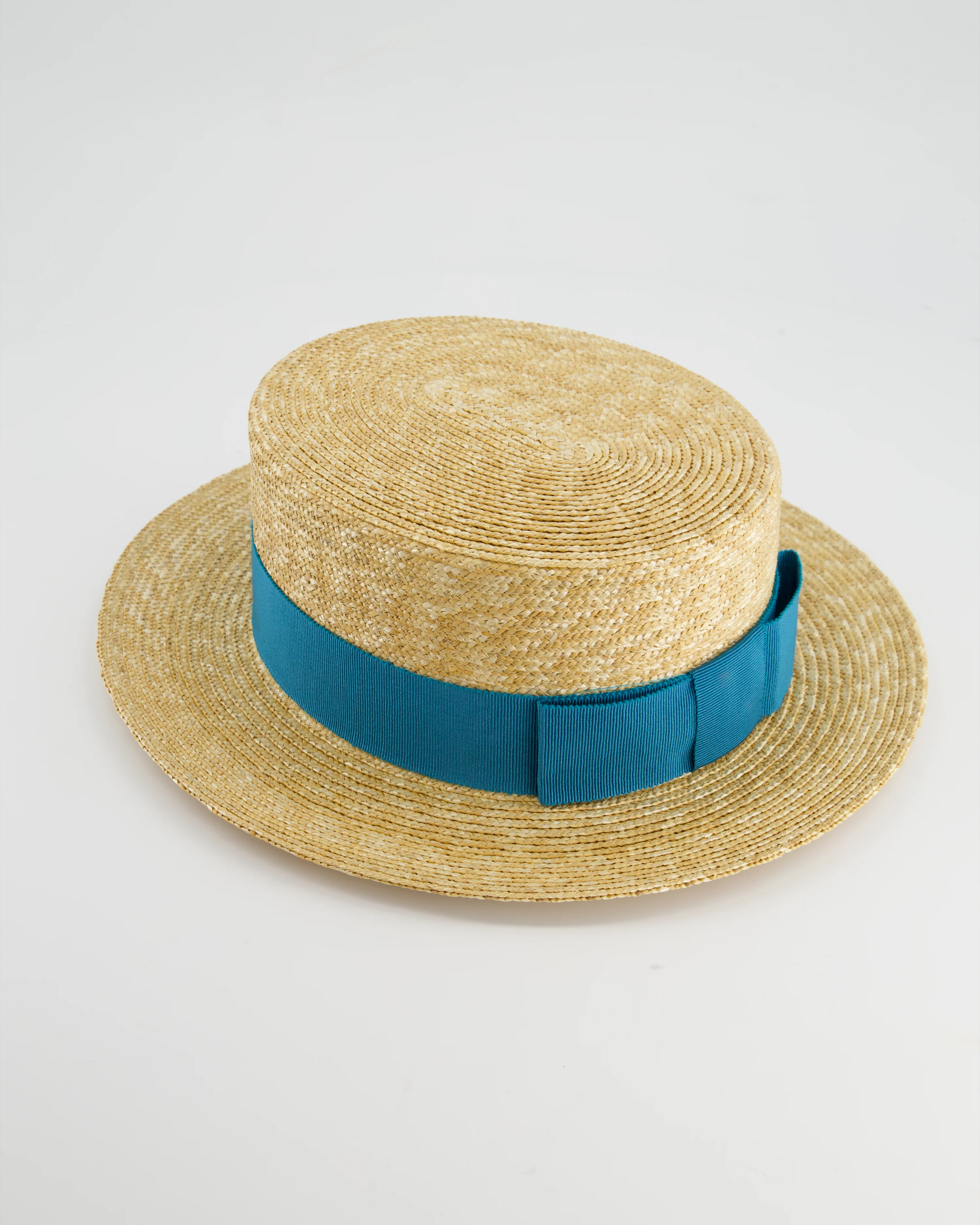 Prada Beige Raffia Woven Hat with Teal Ribbon Detail Size L - Image 4