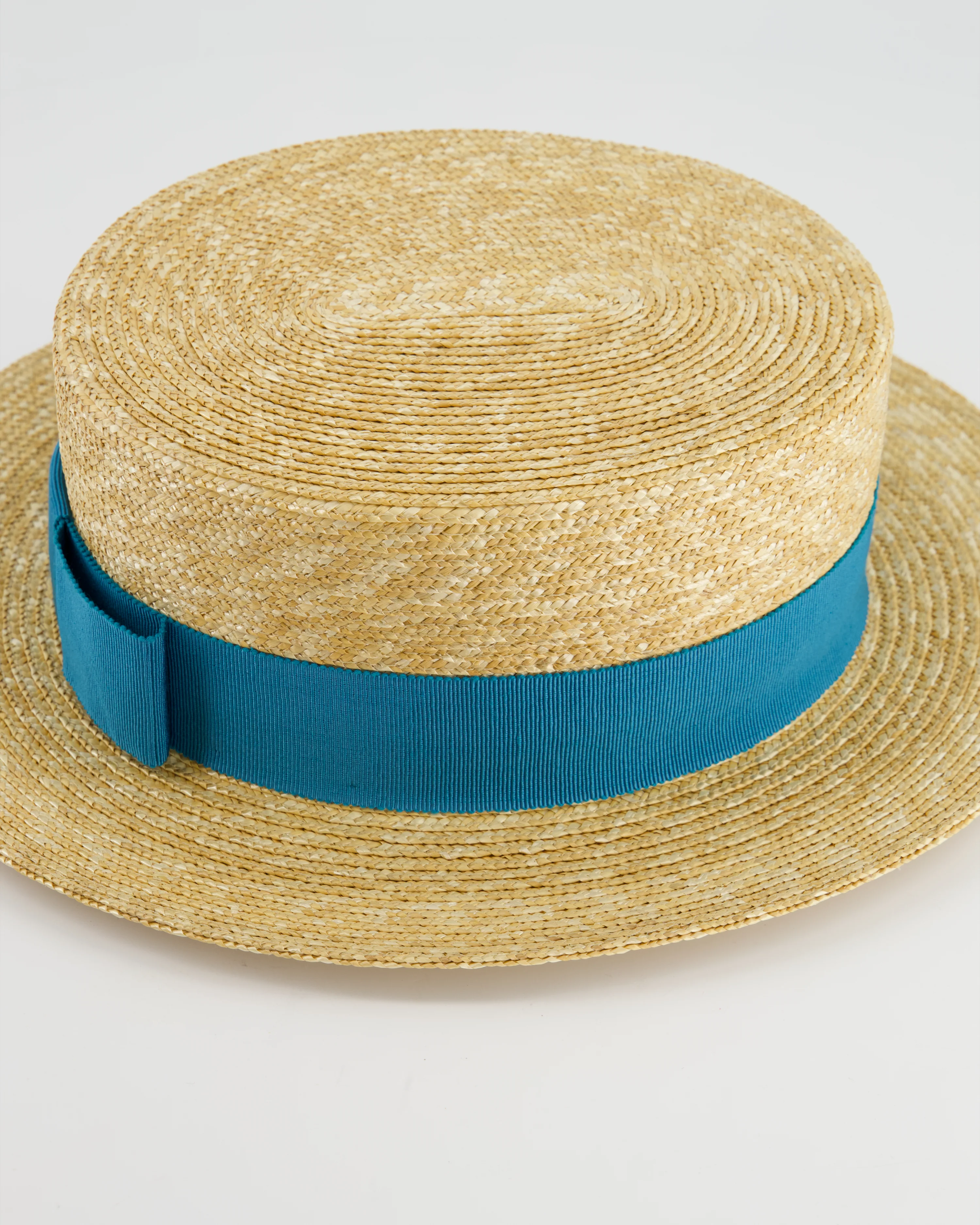 Prada Beige Raffia Woven Hat with Teal Ribbon Detail Size L - Image 5