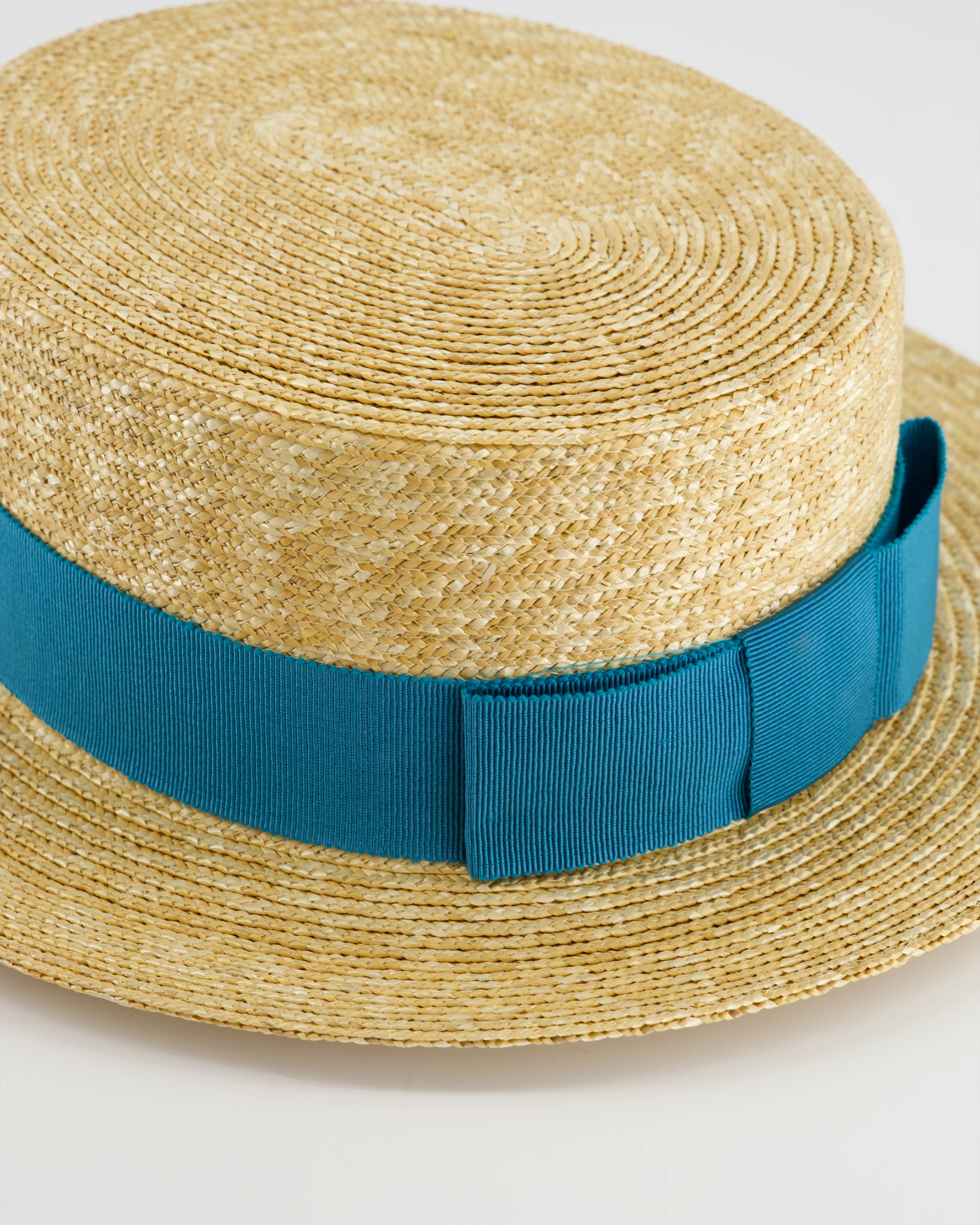 Prada Beige Raffia Woven Hat with Teal Ribbon Detail Size L - Image 6