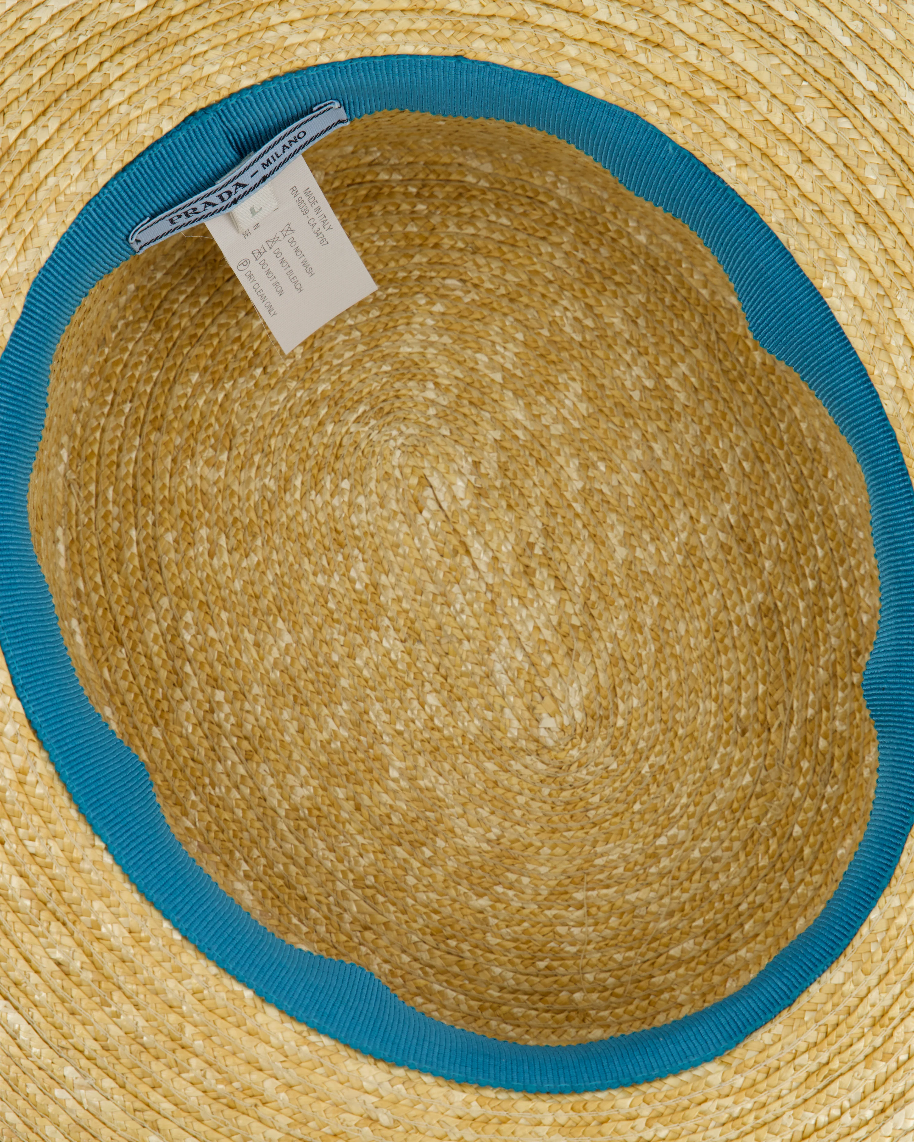 Prada Beige Raffia Woven Hat with Teal Ribbon Detail Size L - Image 7