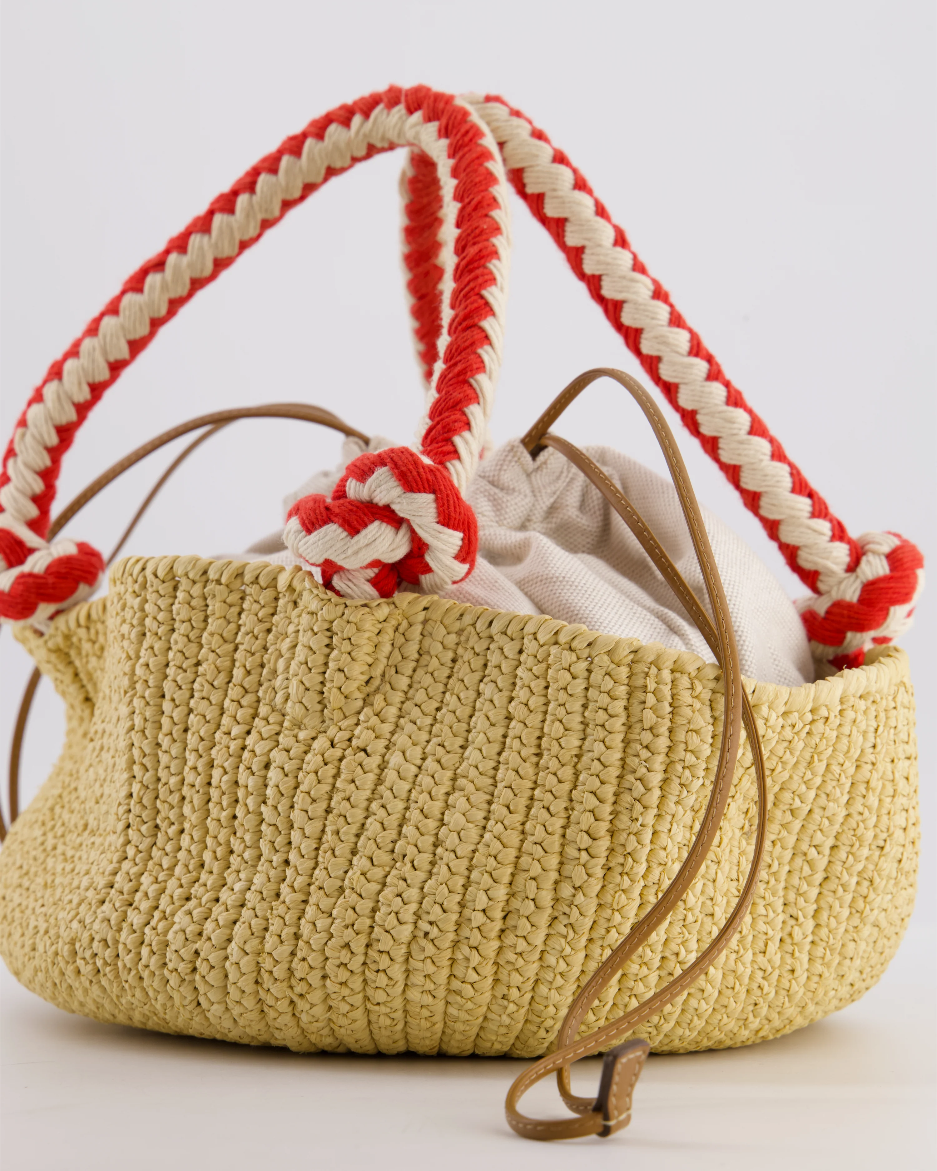 Prada Beige Small Crotchet Bag with Red & White Rope Handles & Tan Leather Charm Detail - Image 11