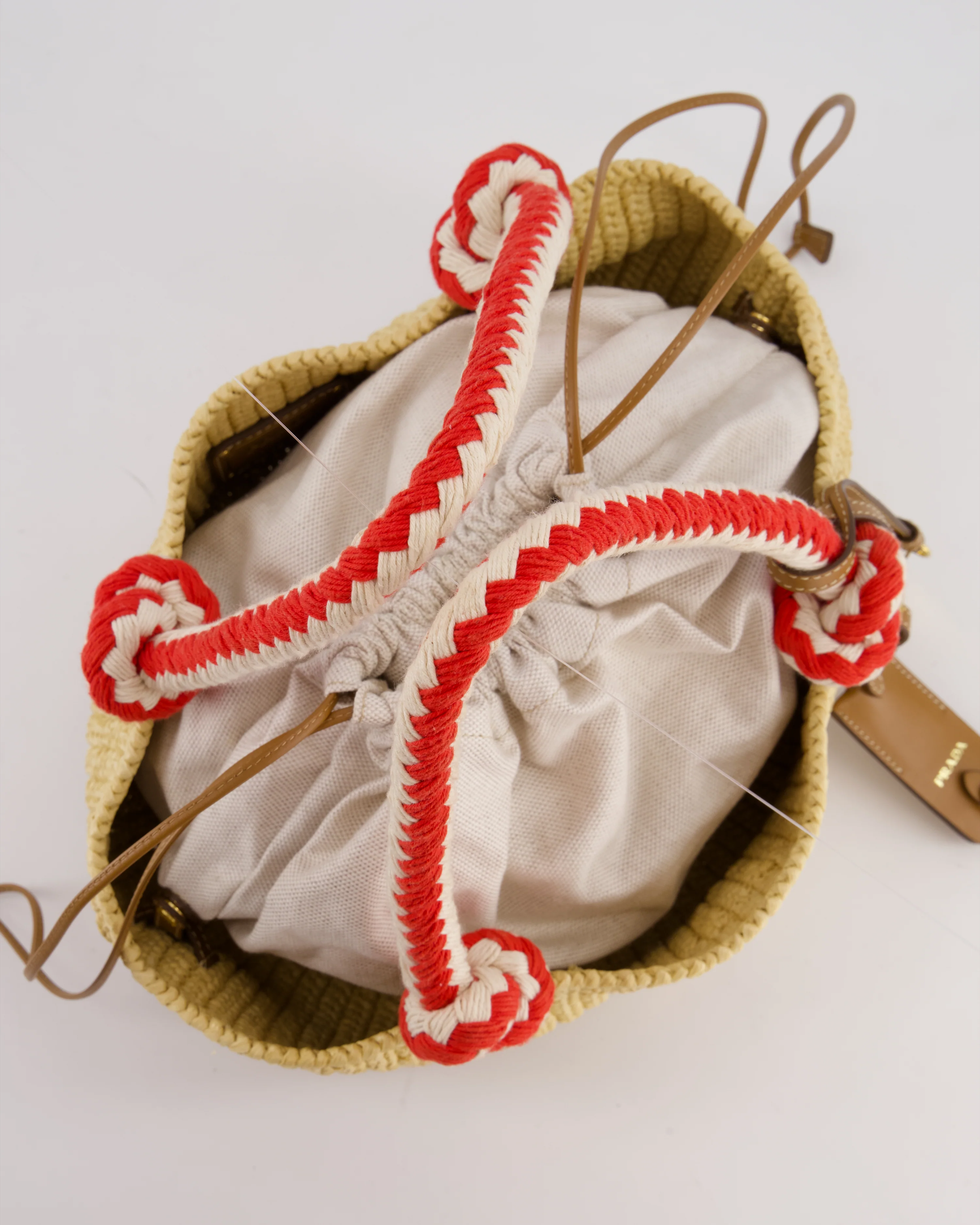 Prada Beige Small Crotchet Bag with Red & White Rope Handles & Tan Leather Charm Detail - Image 14