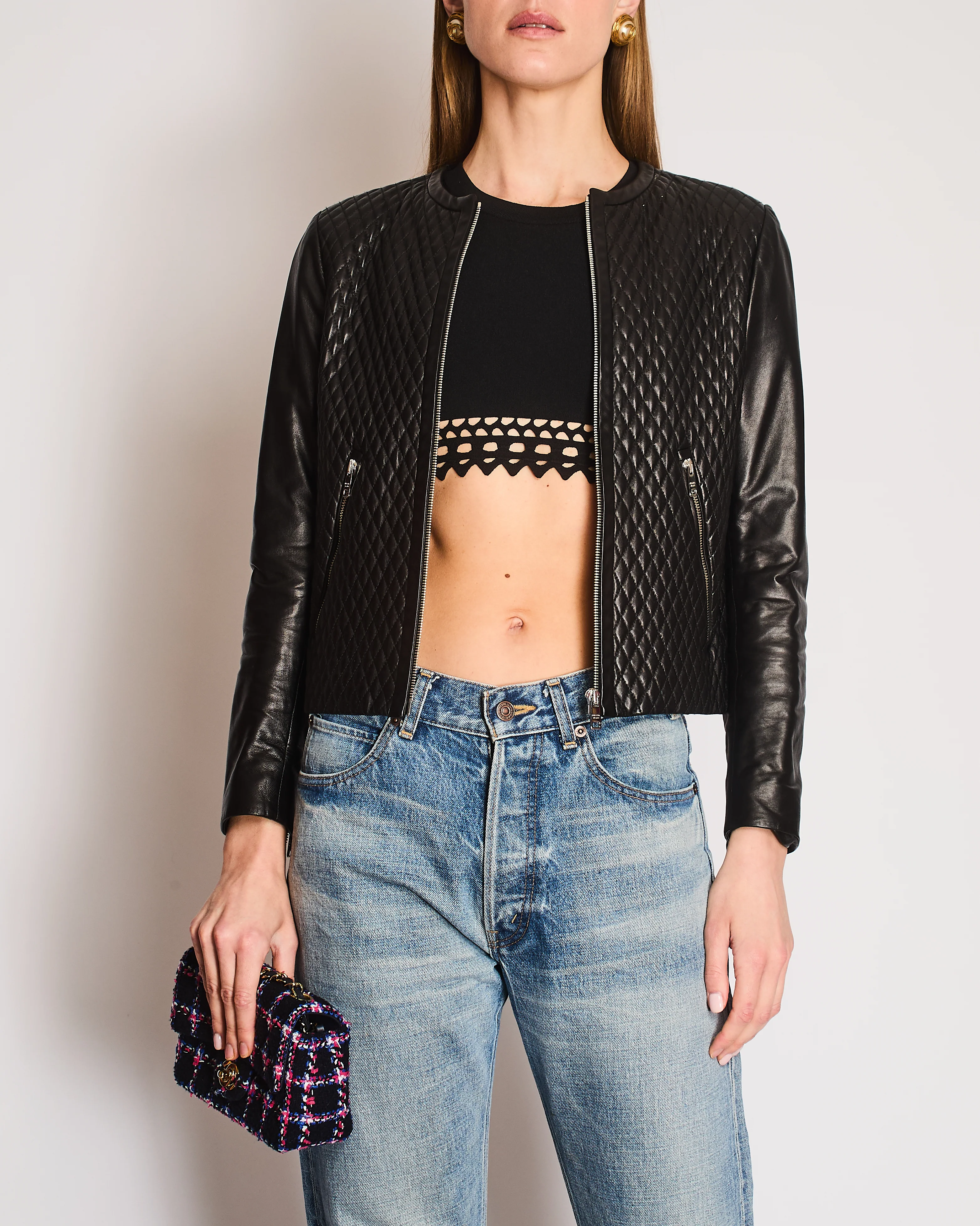 Prada Black Collarless Quilted Lambskin Jacket with Silver Zip Details Size IT 42 (UK 10)