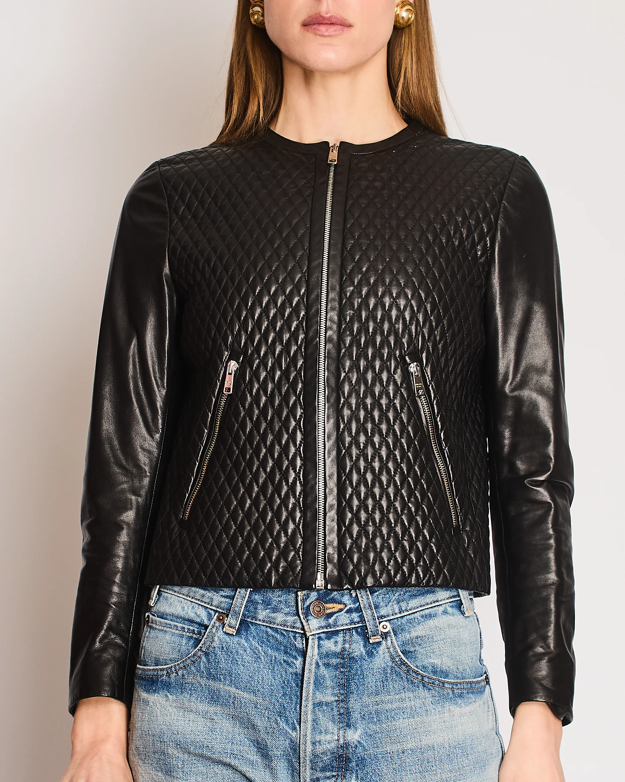 Prada Black Collarless Quilted Lambskin Jacket with Silver Zip Details Size IT 42 (UK 10) - Image 2