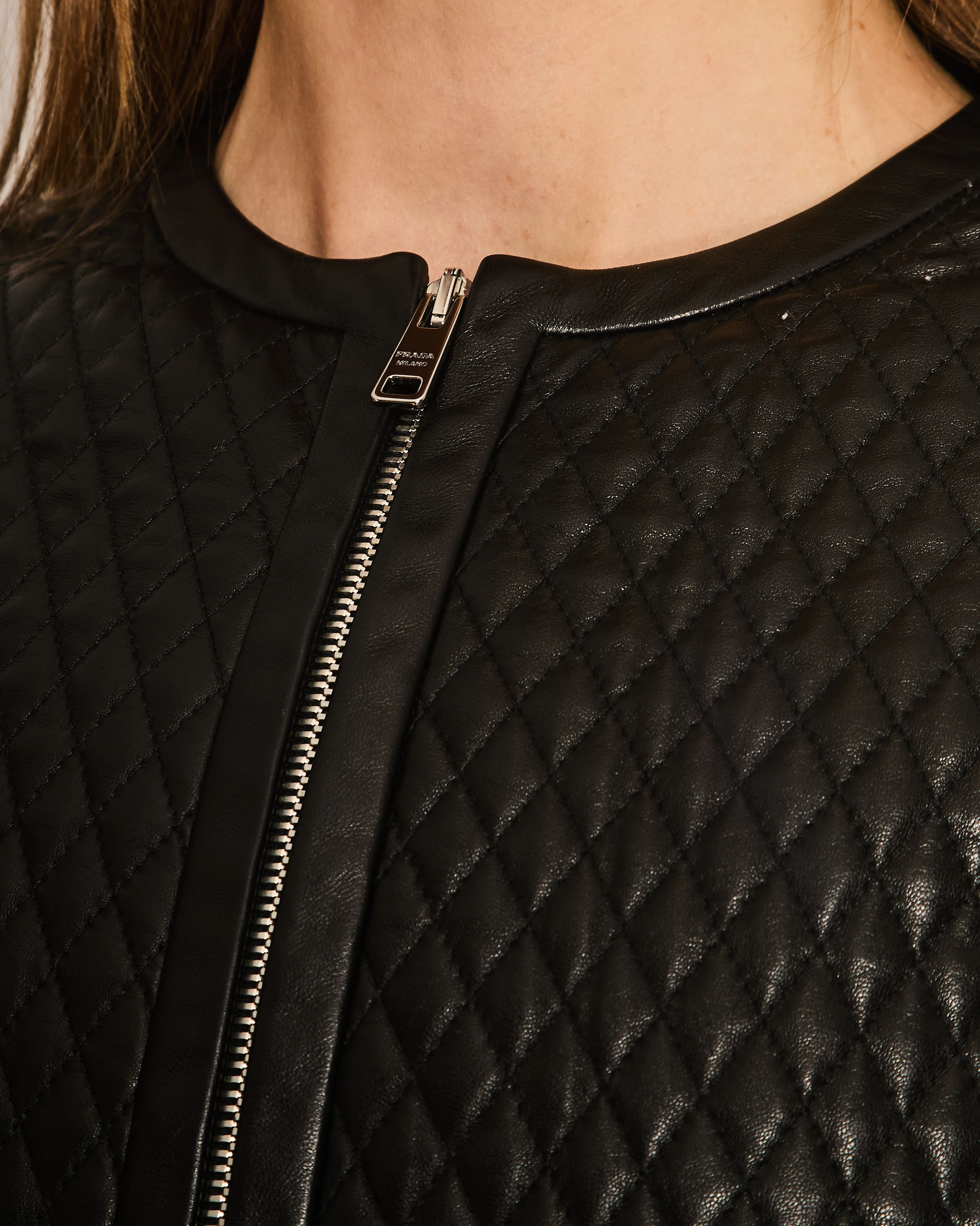 Prada Black Collarless Quilted Lambskin Jacket with Silver Zip Details Size IT 42 (UK 10) - Image 3