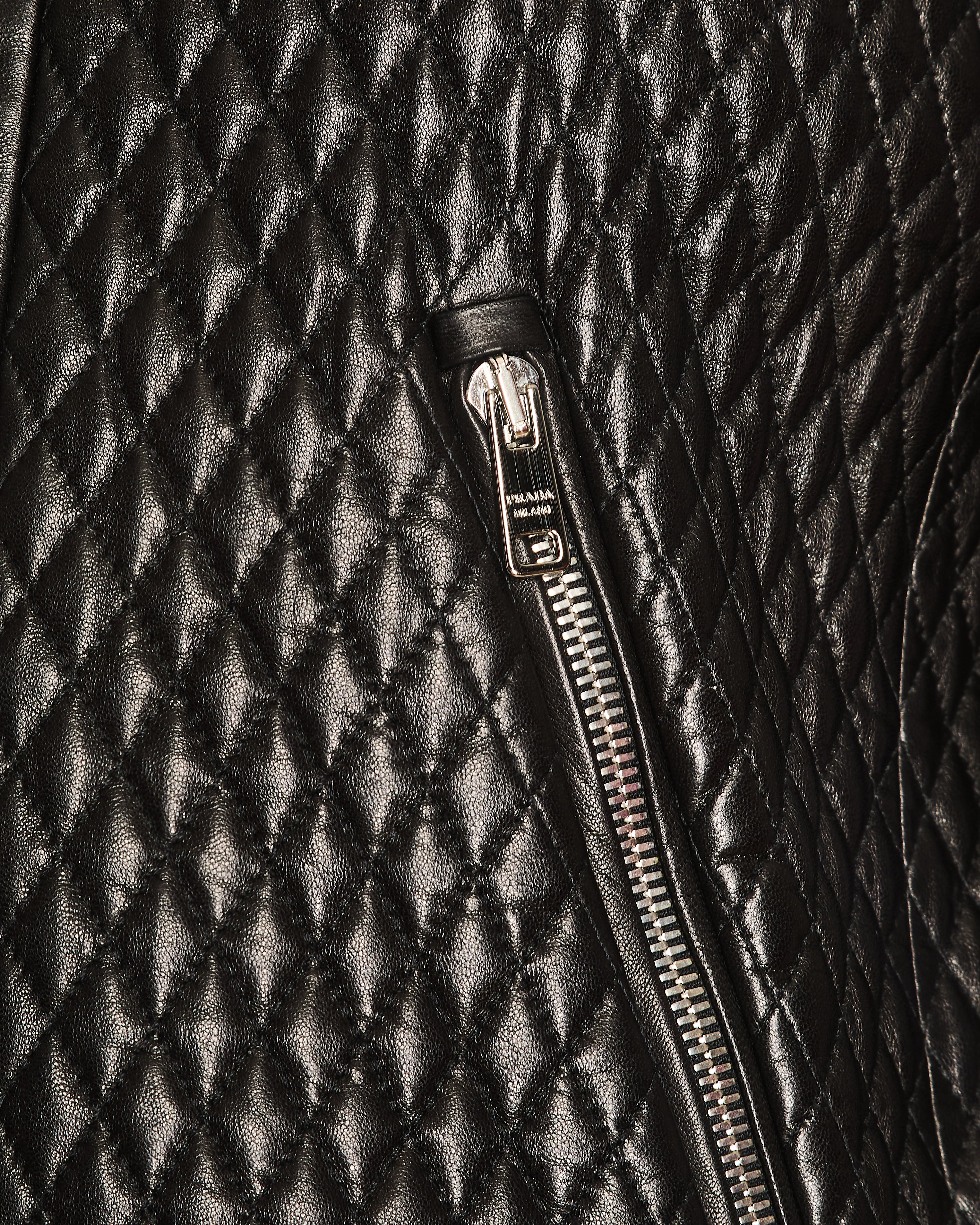 Prada Black Collarless Quilted Lambskin Jacket with Silver Zip Details Size IT 42 (UK 10) - Image 4