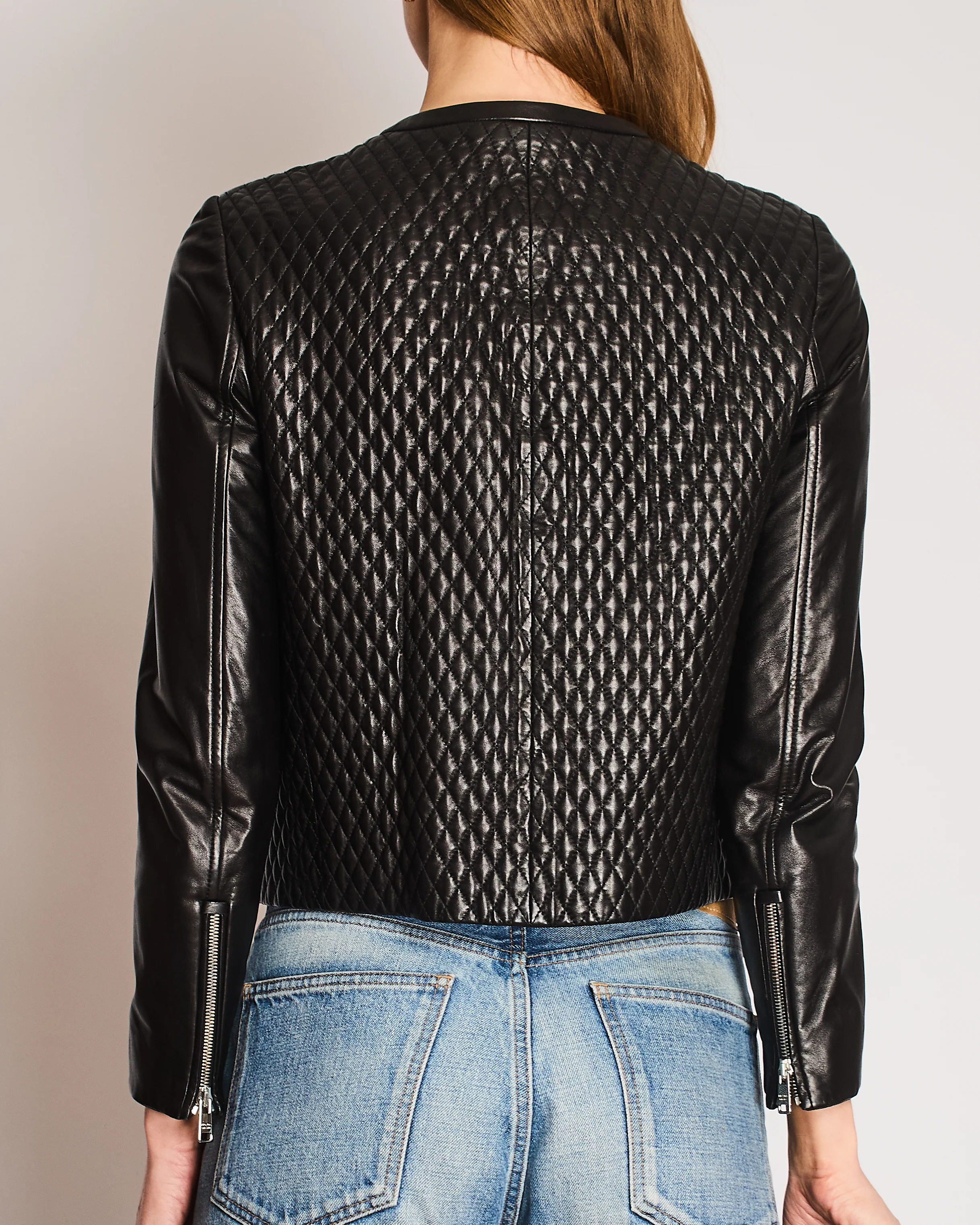 Prada Black Collarless Quilted Lambskin Jacket with Silver Zip Details Size IT 42 (UK 10) - Image 5