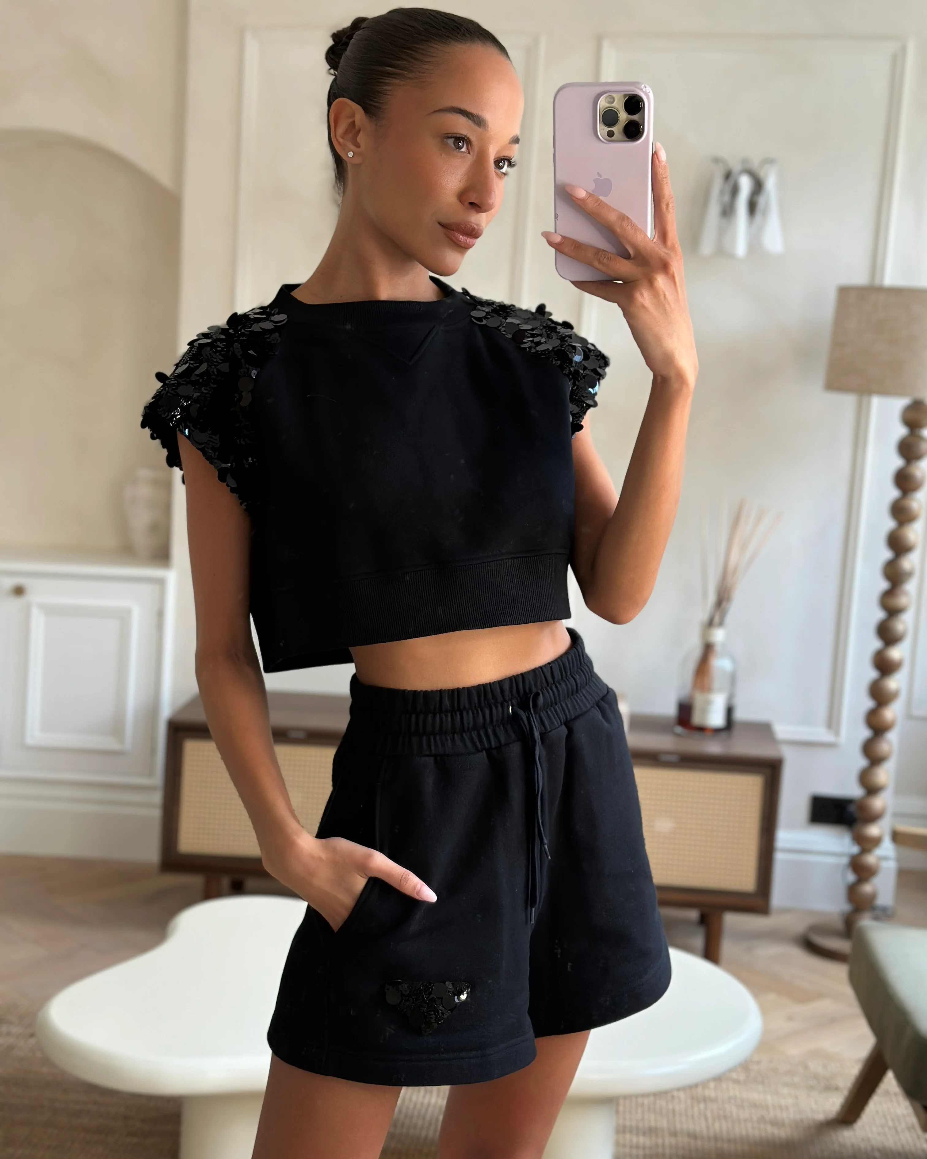 Prada Black Cotton Shorts and Crop Top Set With Sequin Embellishment Detail Size Small (UK 8) - Image 6
