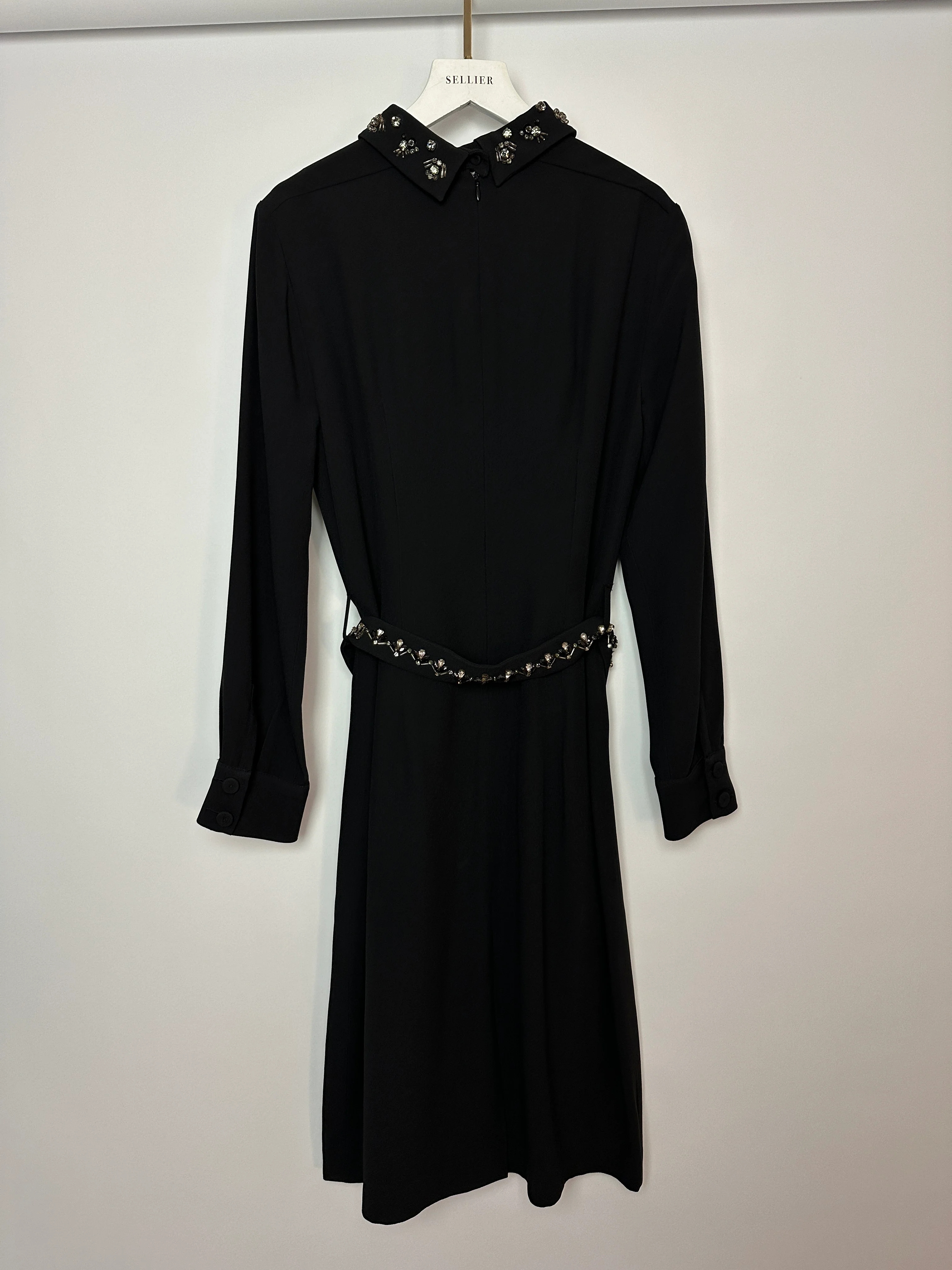 Prada Black Long Sleeve Midi Dress with Crystal Embellishment Details on Collar and Belt Size IT 42 (UK 10) - Image 12