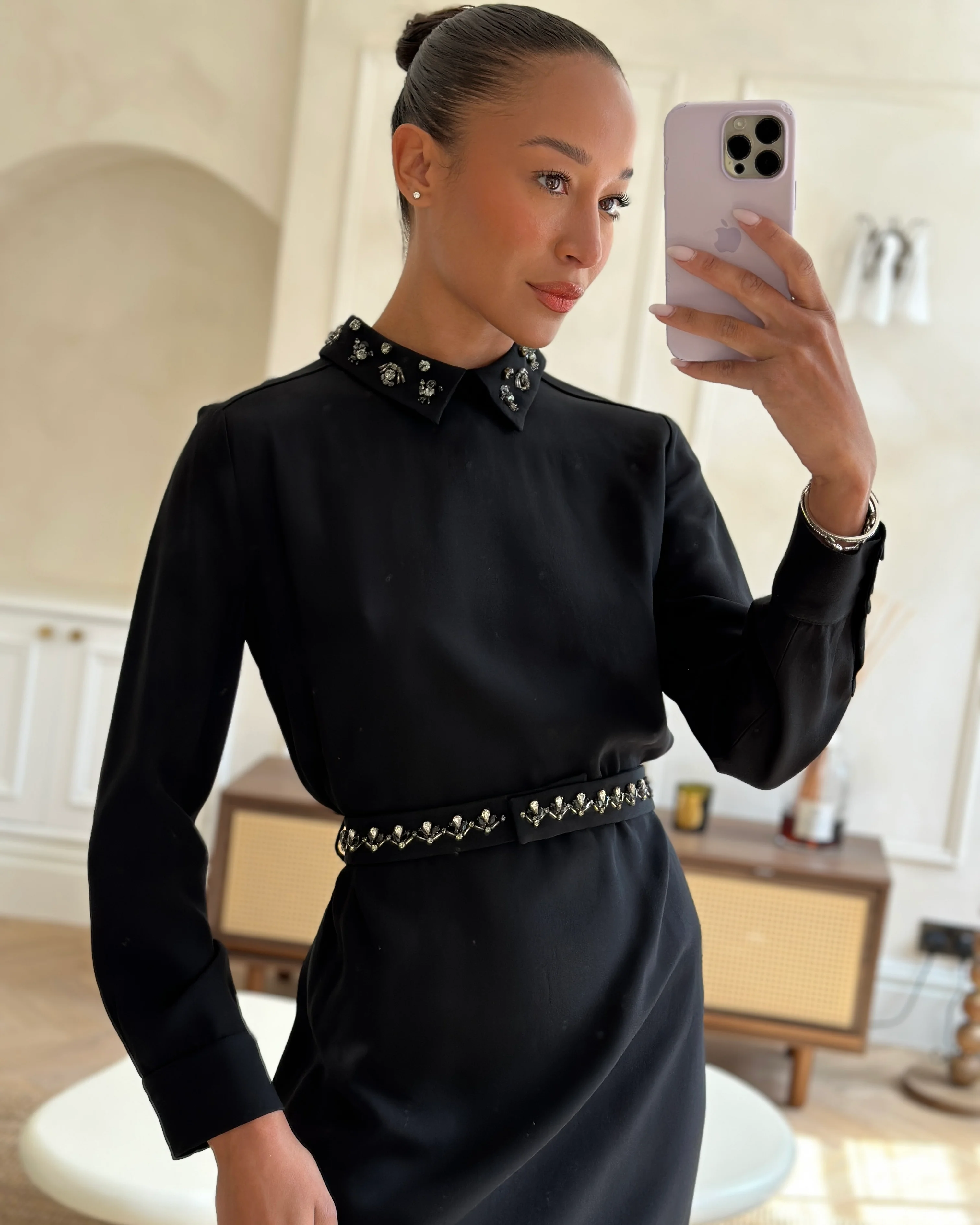 Prada Black Long Sleeve Midi Dress with Crystal Embellishment Details on Collar and Belt Size IT 42 (UK 10) - Image 8
