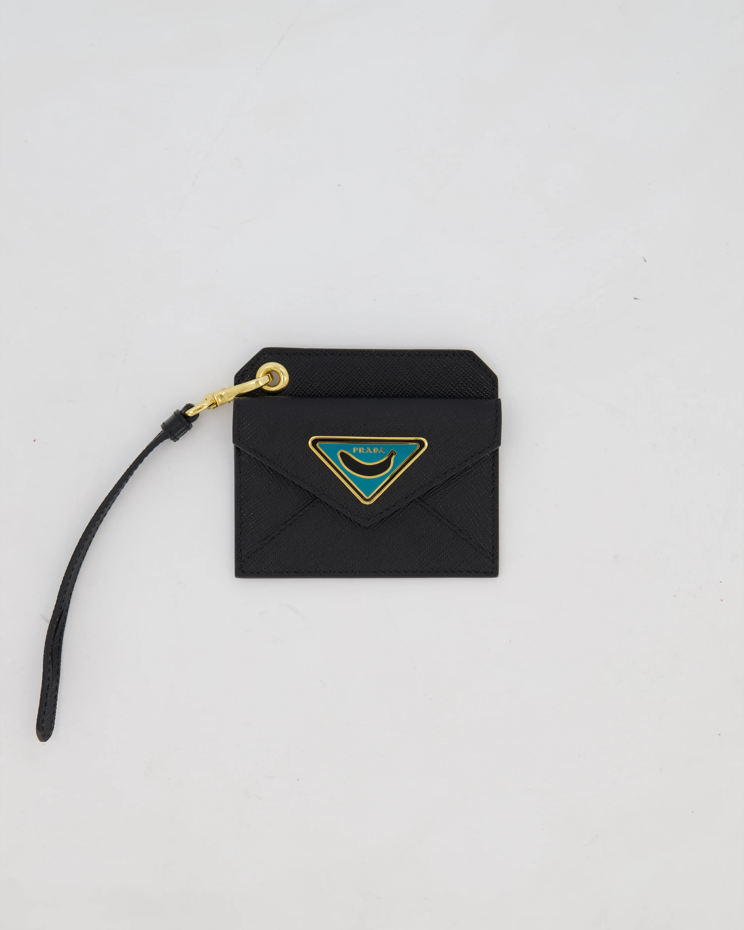 Prada Key Chain Card Holder in Black Saffiano Leather With Blue and Gold Triangle Banana Logo