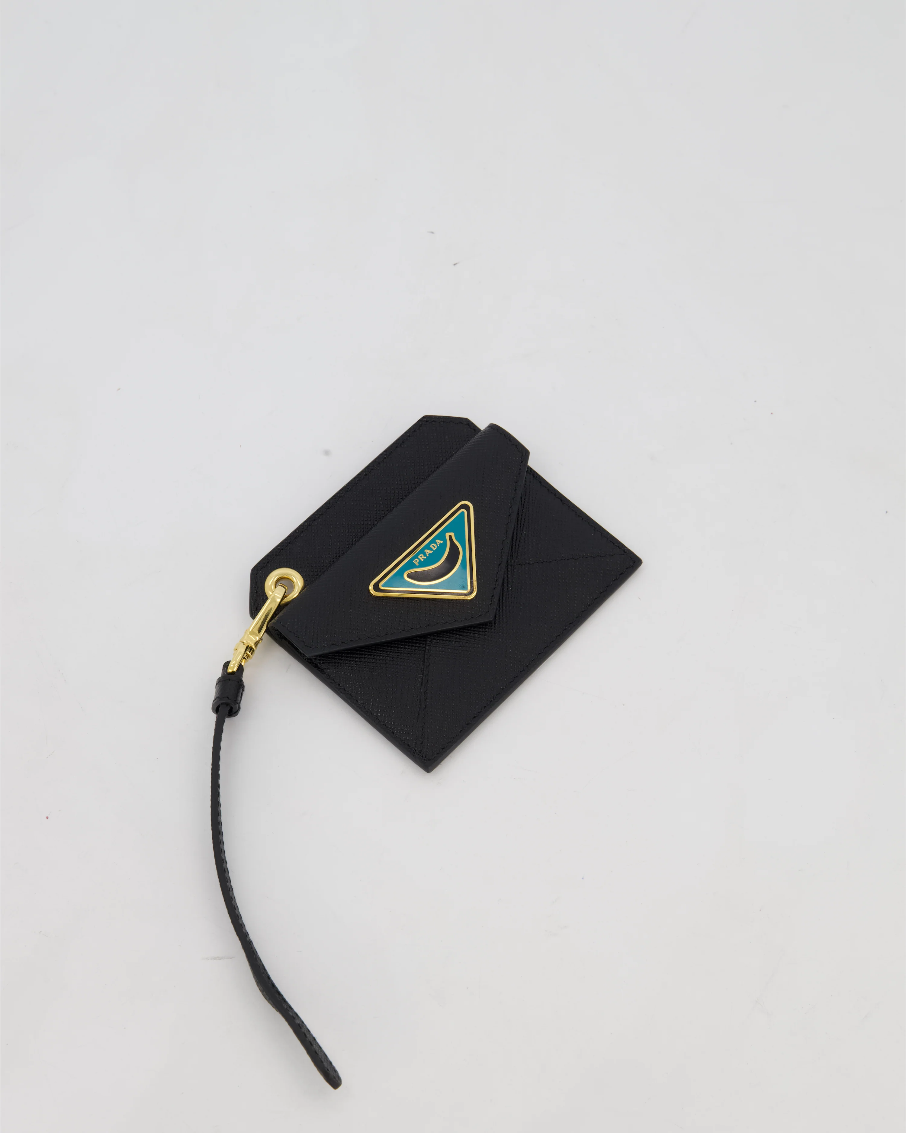 Prada Key Chain Card Holder in Black Saffiano Leather With Blue and Gold Triangle Banana Logo - Image 2