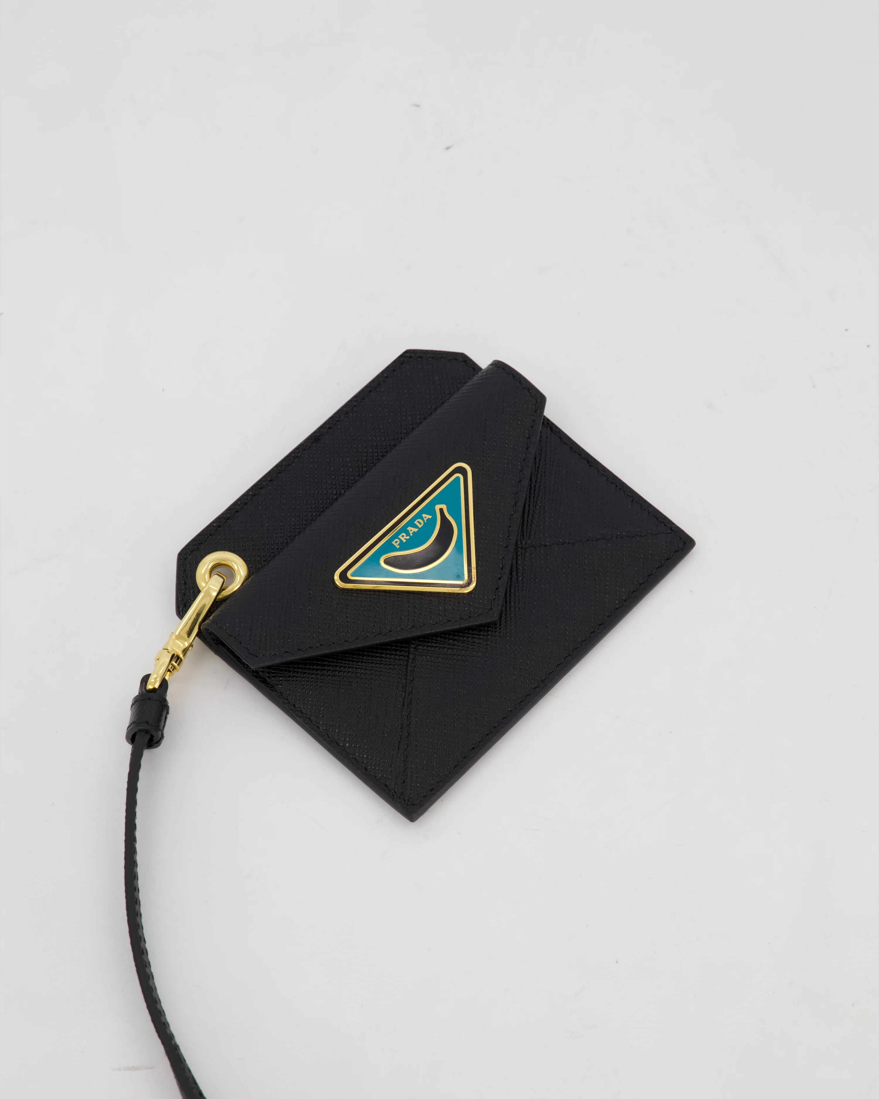 Prada Key Chain Card Holder in Black Saffiano Leather With Blue and Gold Triangle Banana Logo - Image 3