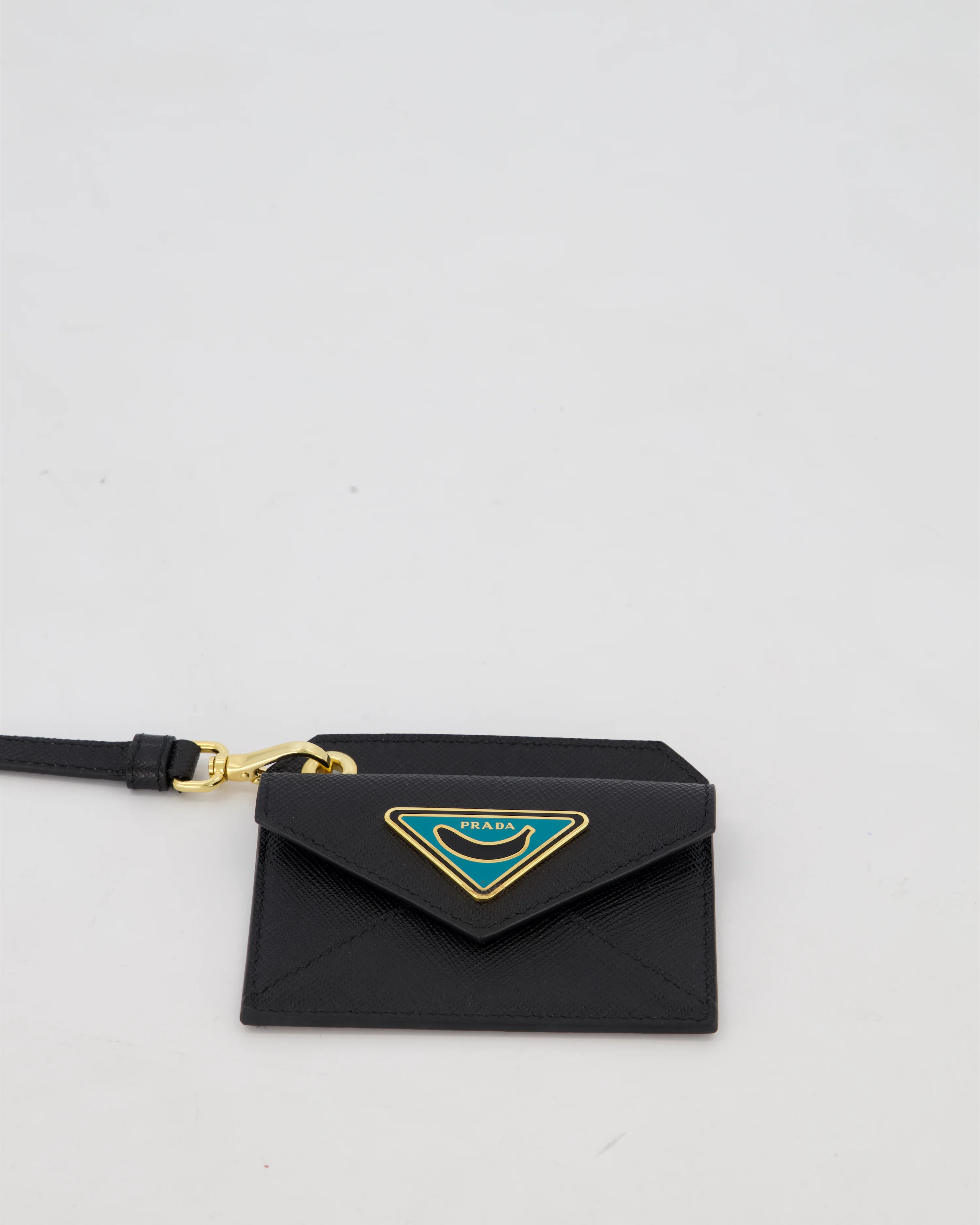 Prada Key Chain Card Holder in Black Saffiano Leather With Blue and Gold Triangle Banana Logo - Image 5