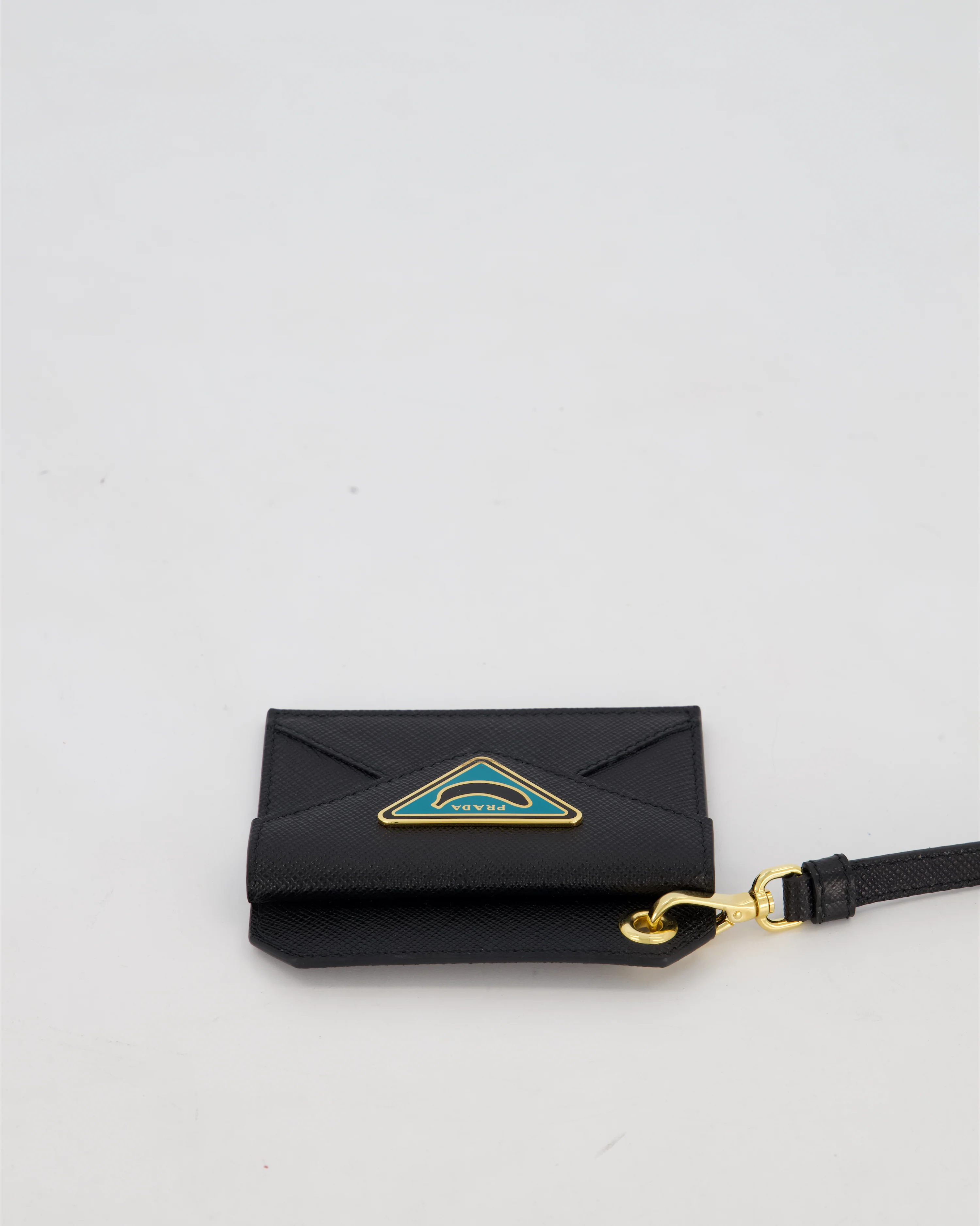 Prada Key Chain Card Holder in Black Saffiano Leather With Blue and Gold Triangle Banana Logo - Image 6