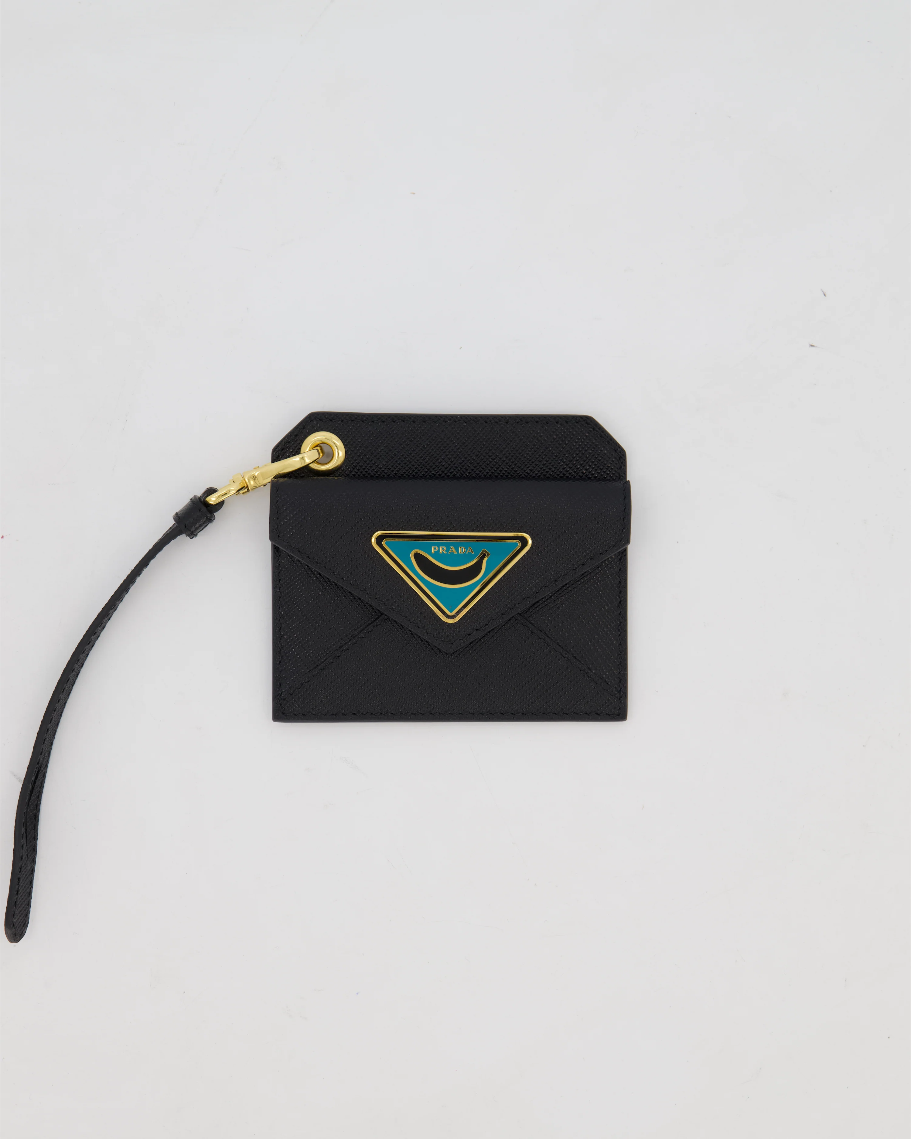 Prada Key Chain Card Holder in Black Saffiano Leather With Blue and Gold Triangle Banana Logo - Image 7