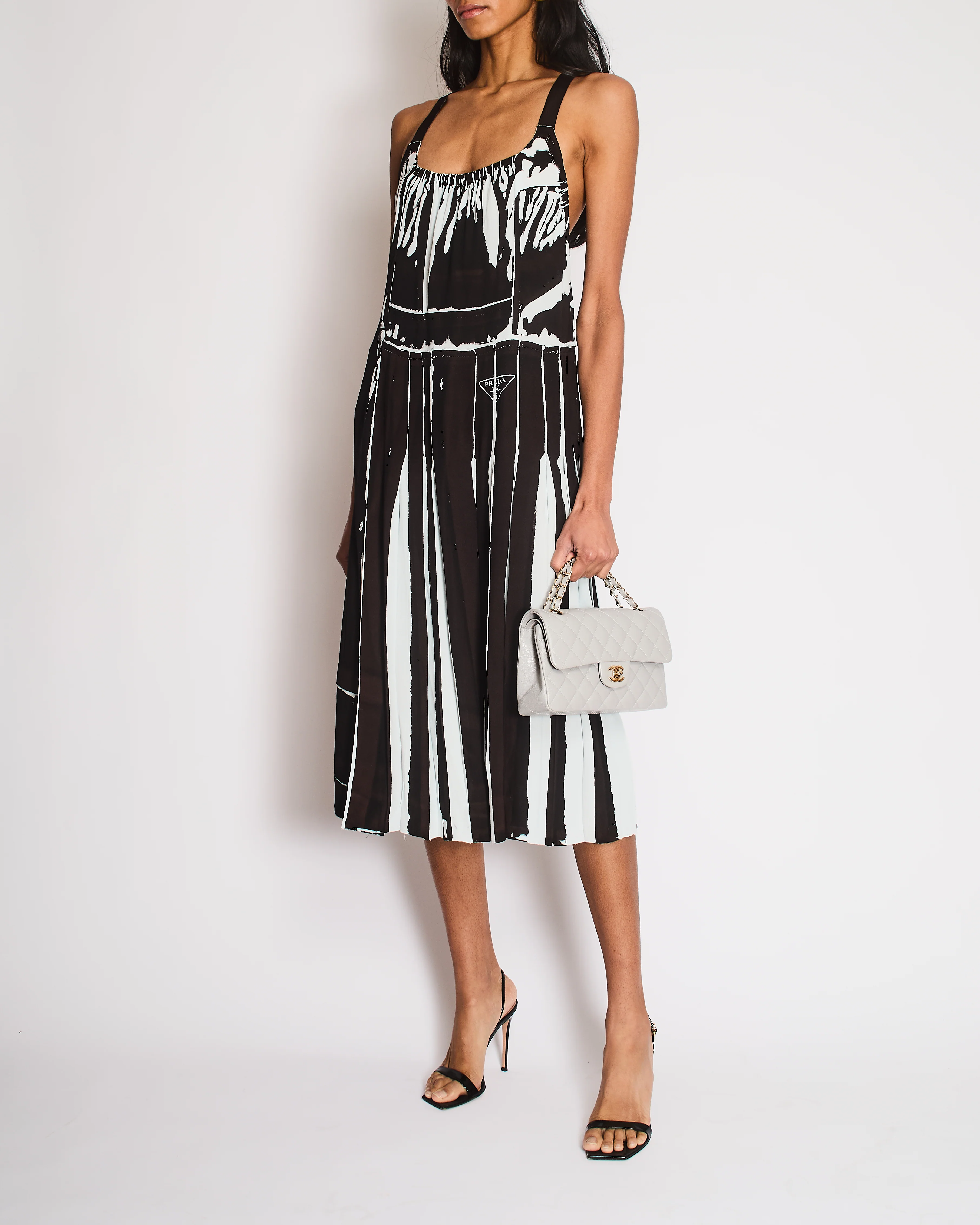 Prada Blue, Black Pleated Midi Dress with Logo Detail and Crossover Straps Size IT 38 (UK 6)