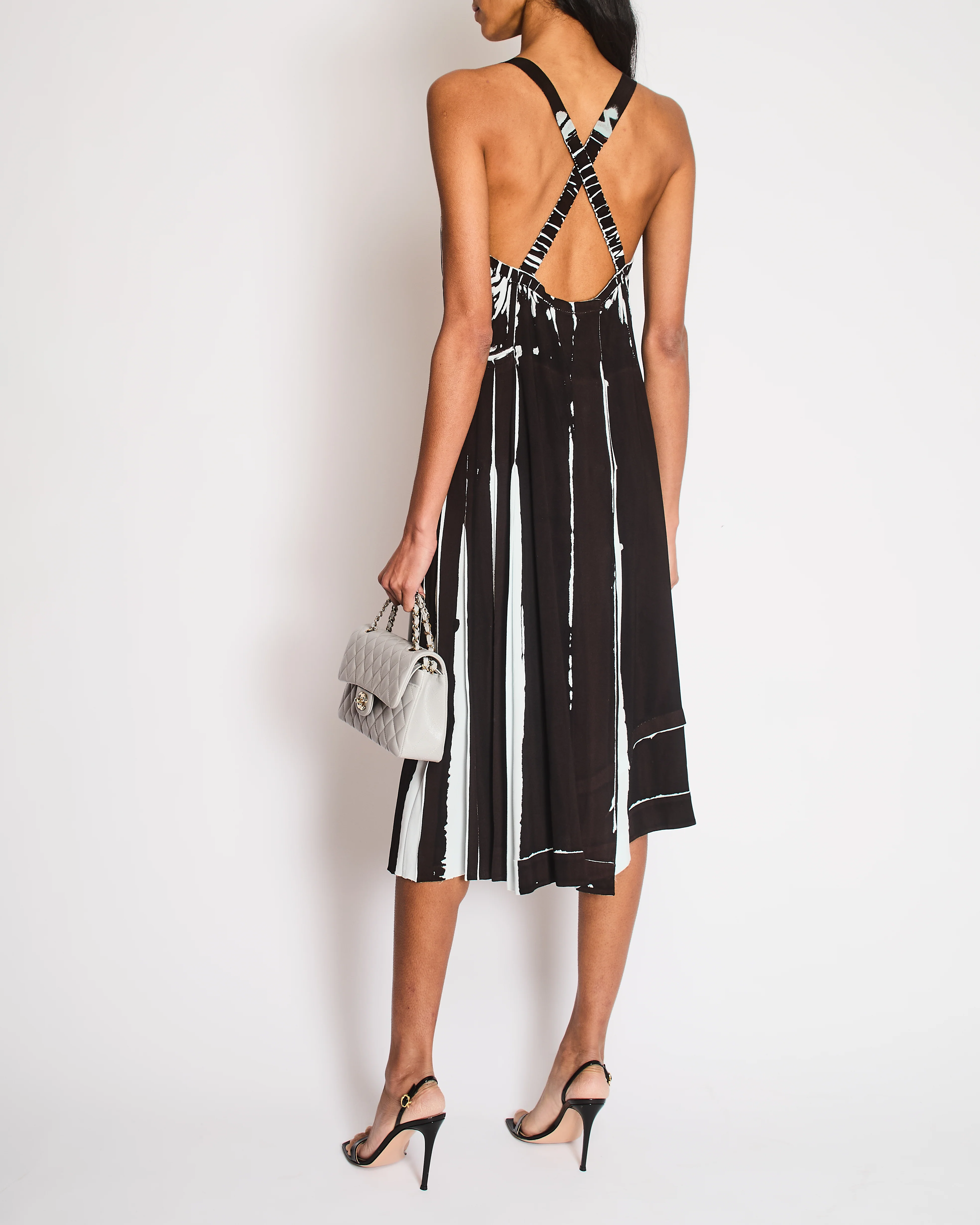 Prada Blue, Black Pleated Midi Dress with Logo Detail and Crossover Straps Size IT 38 (UK 6) - Image 5