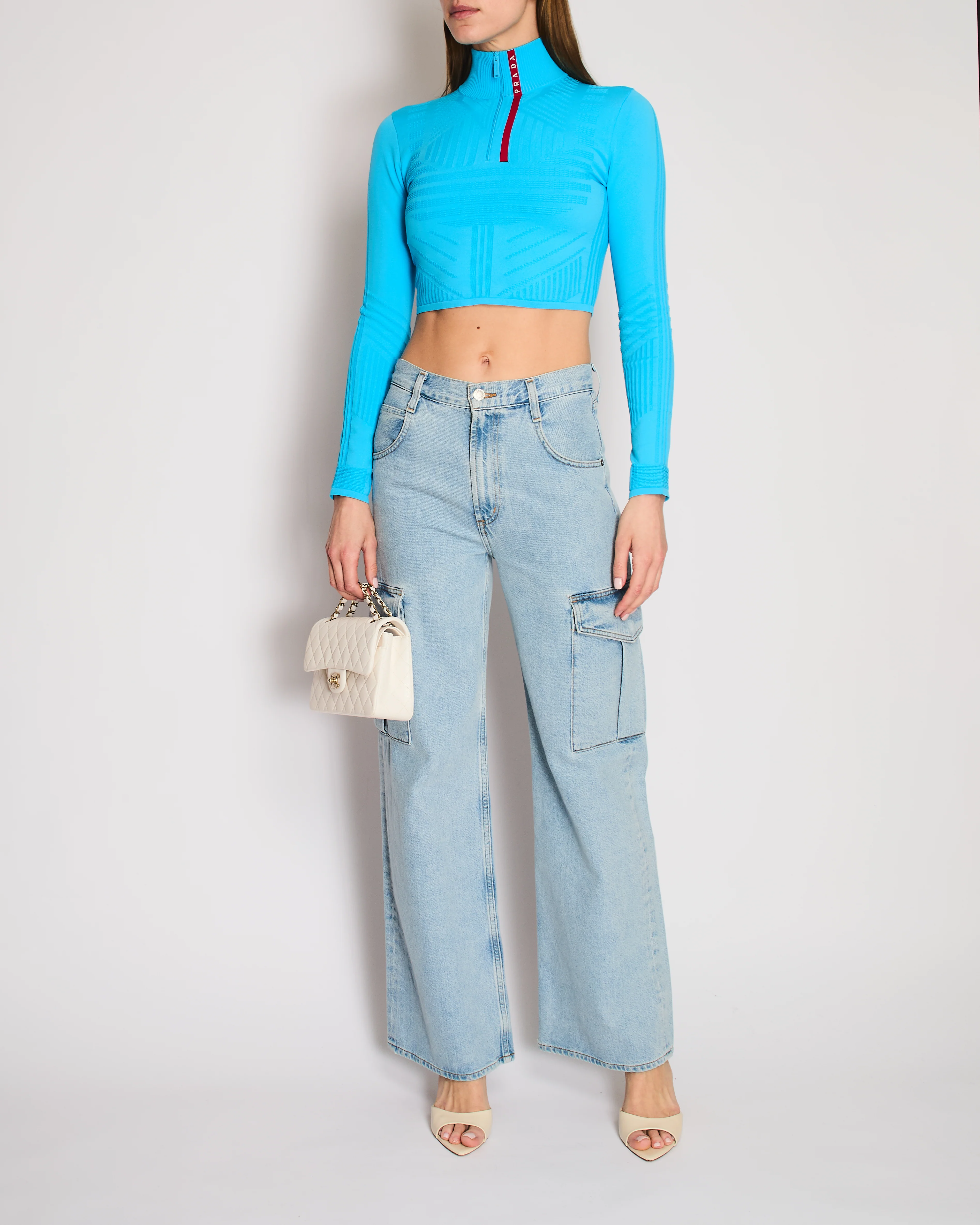 Prada Blue Cropped Ribbed Logo Long Sleeve Top Size XS (UK 4) - Image 2