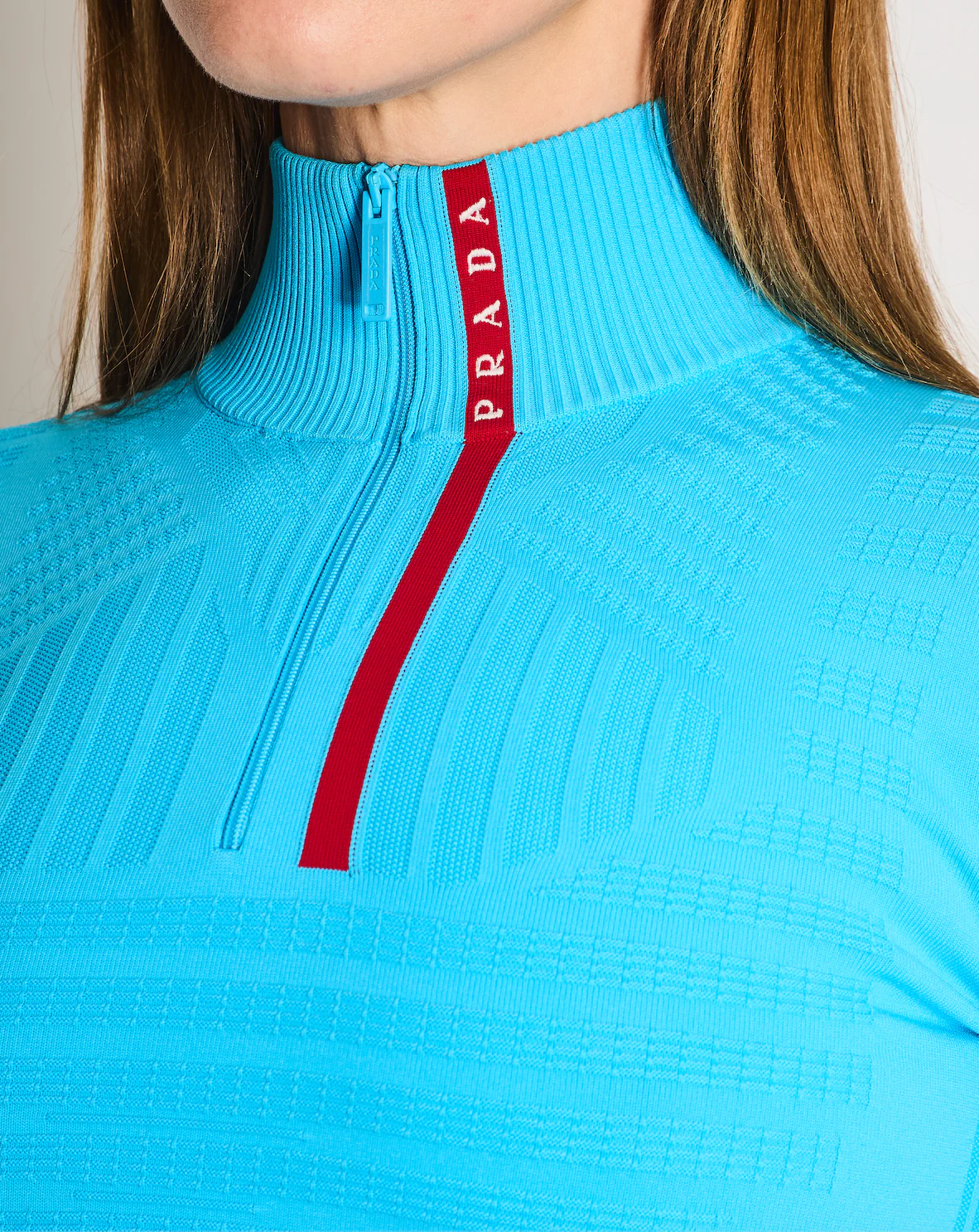Prada Blue Cropped Ribbed Logo Long Sleeve Top Size XS (UK 4) - Image 4