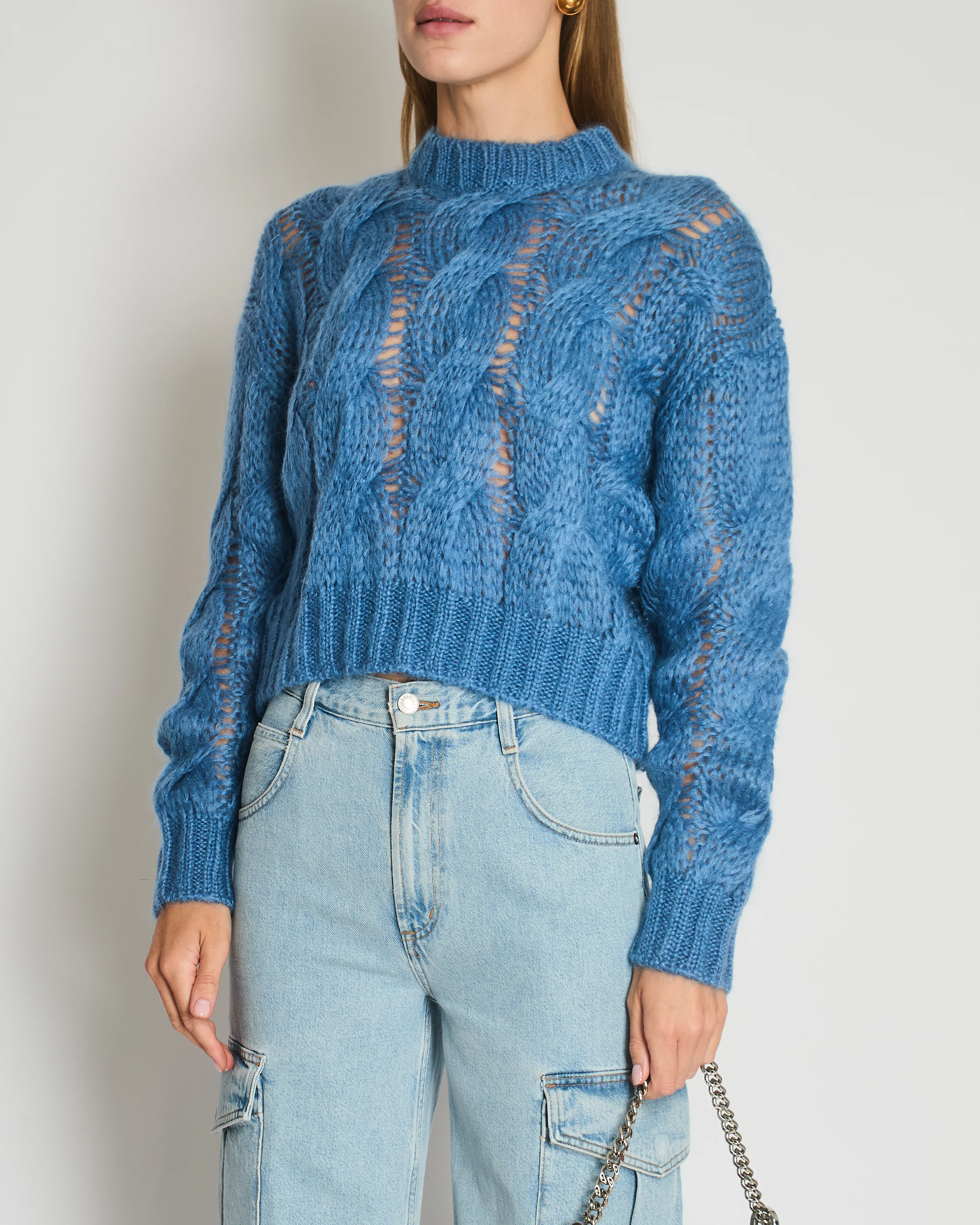 Prada Blue Oversized Cropped Cable Knit Openwork Mohair Jumper Size IT 38 (UK 6)