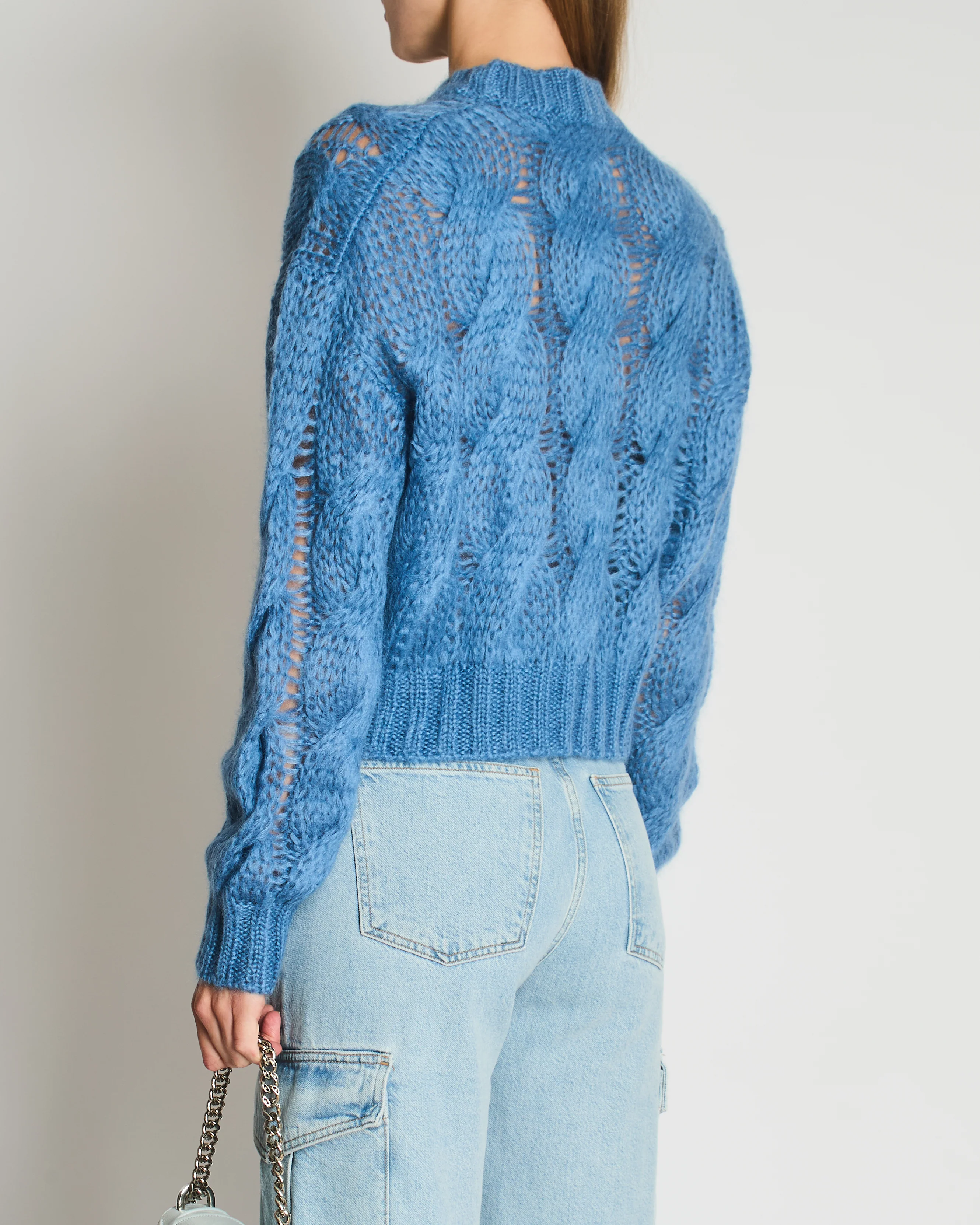 Prada Blue Oversized Cropped Cable Knit Openwork Mohair Jumper Size IT 38 (UK 6) - Image 2