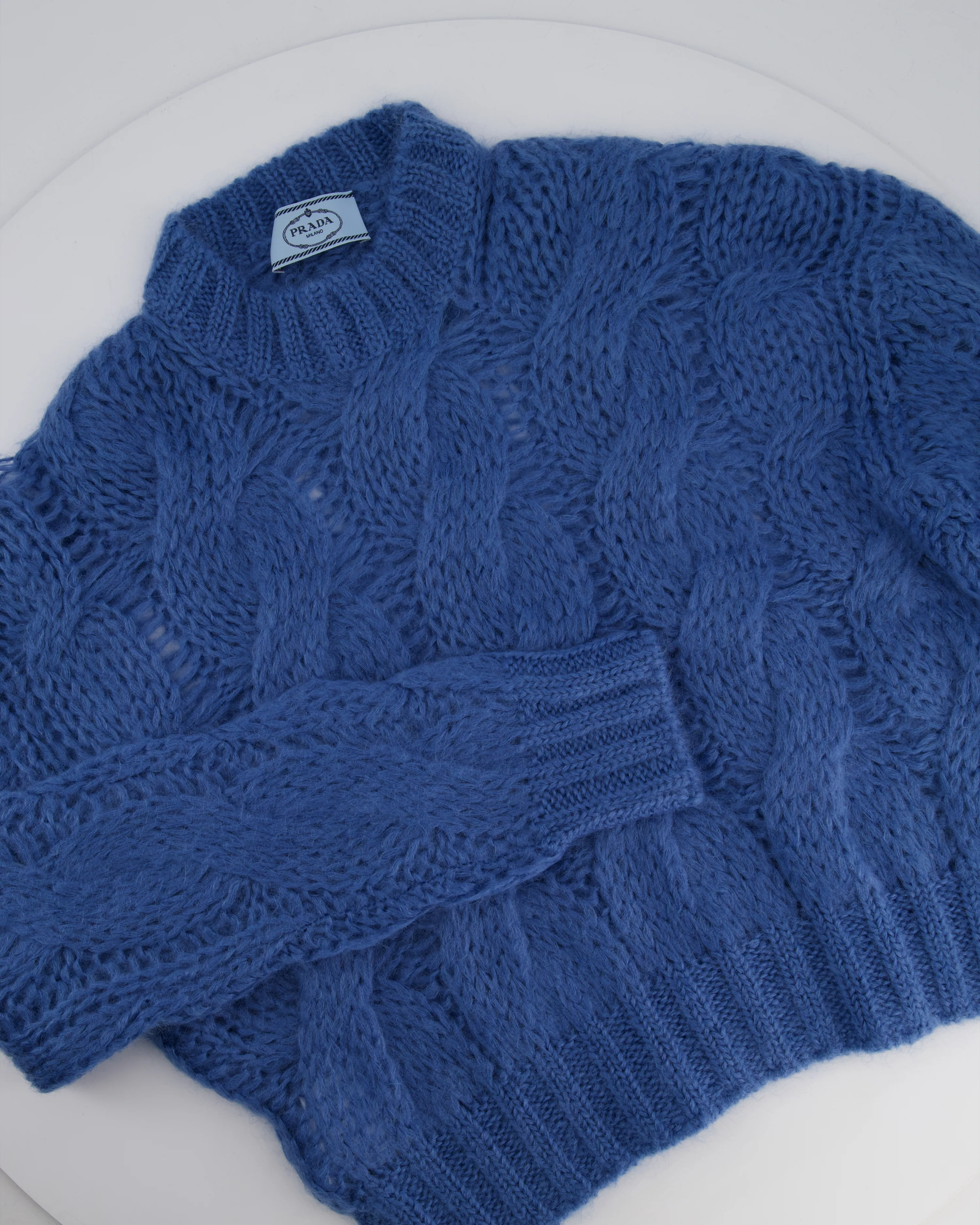Prada Blue Oversized Cropped Cable Knit Openwork Mohair Jumper Size IT 38 (UK 6) - Image 5