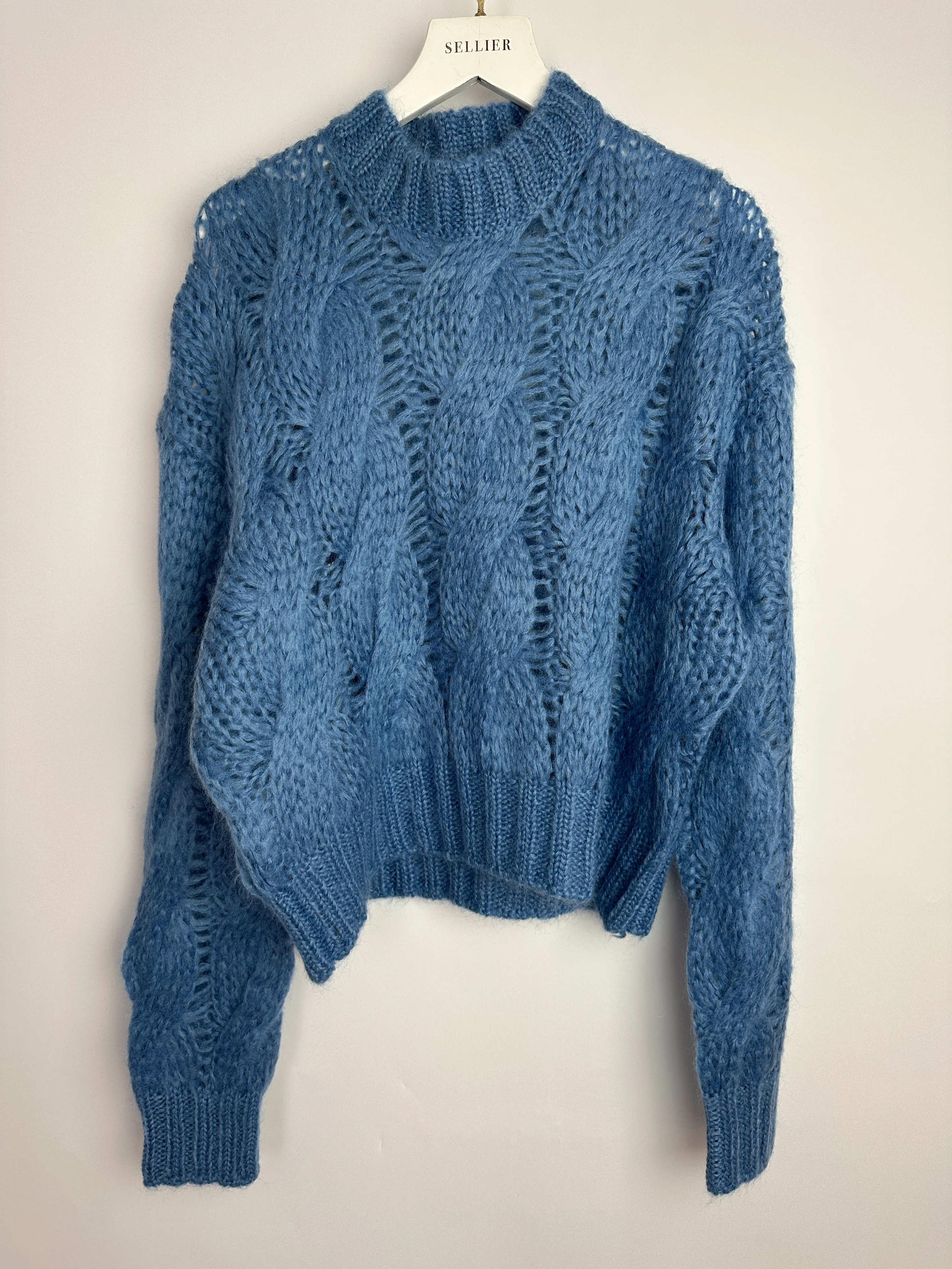 Prada Blue Oversized Cropped Cable Knit Openwork Mohair Jumper Size IT 38 (UK 6) - Image 8