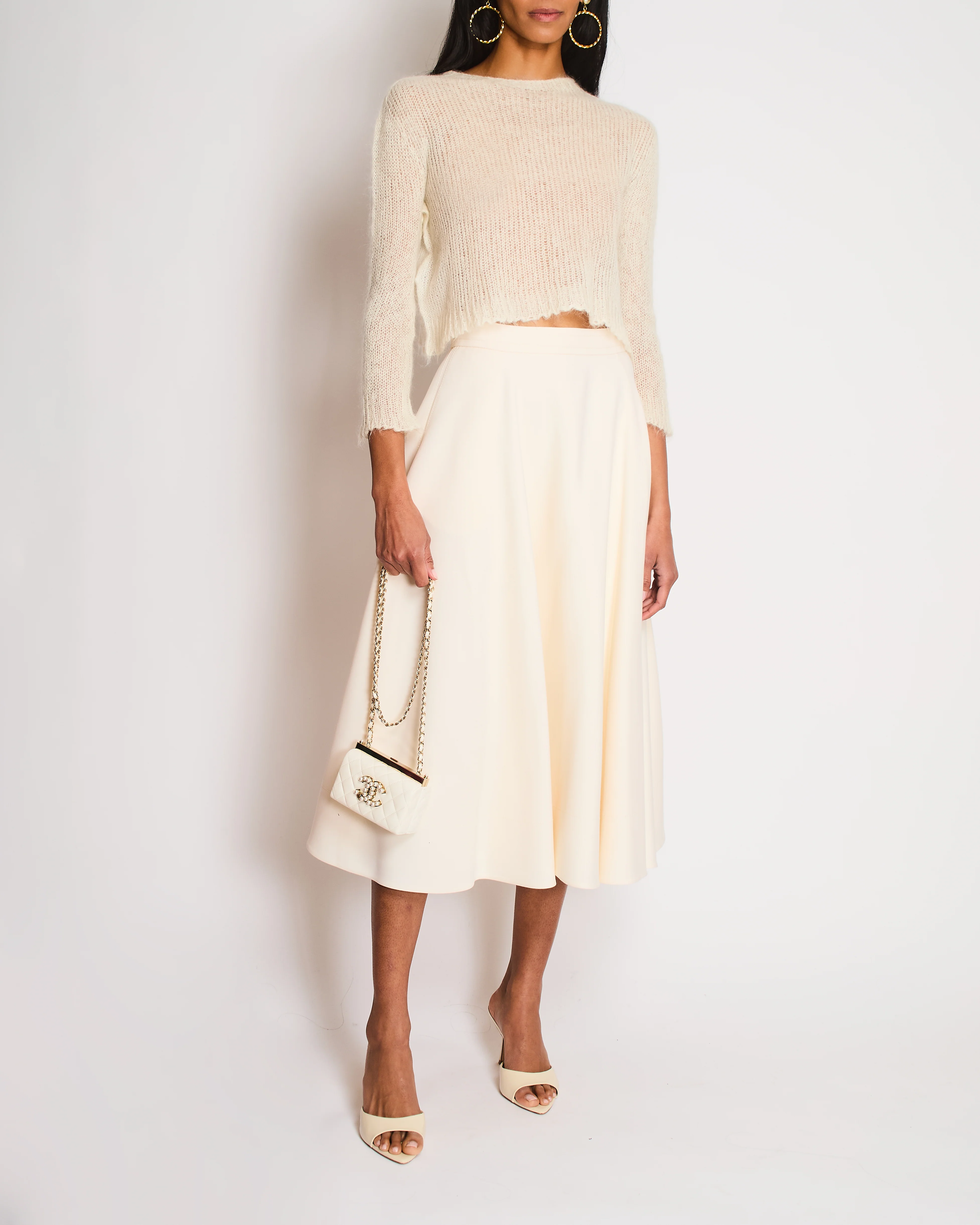 Prada Cream Mohair Cropped Long Sleeve Jumper with Plaque Logo Detail Size IT 38 (UK 6) - Image 2