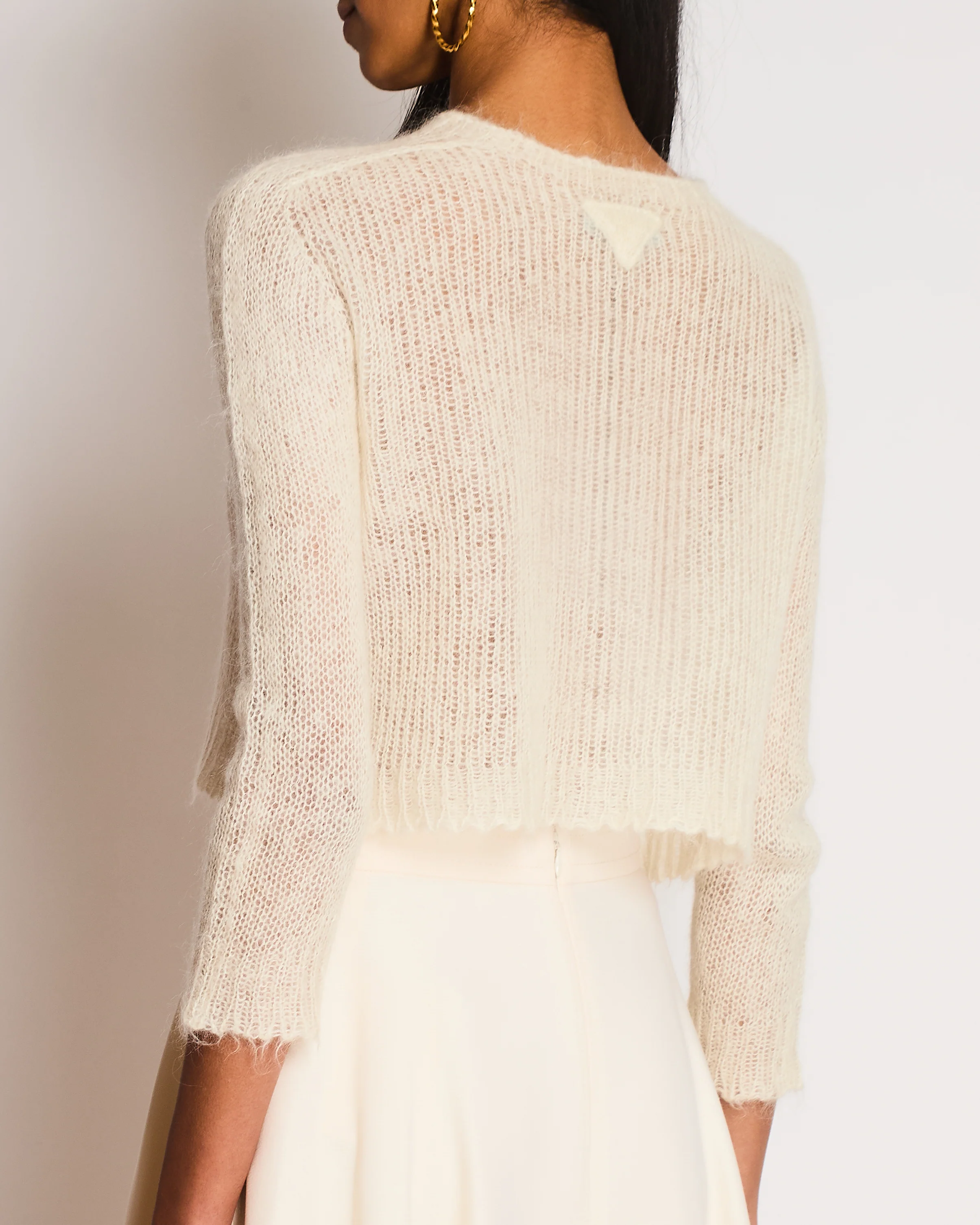 Prada Cream Mohair Cropped Long Sleeve Jumper with Plaque Logo Detail Size IT 38 (UK 6) - Image 3