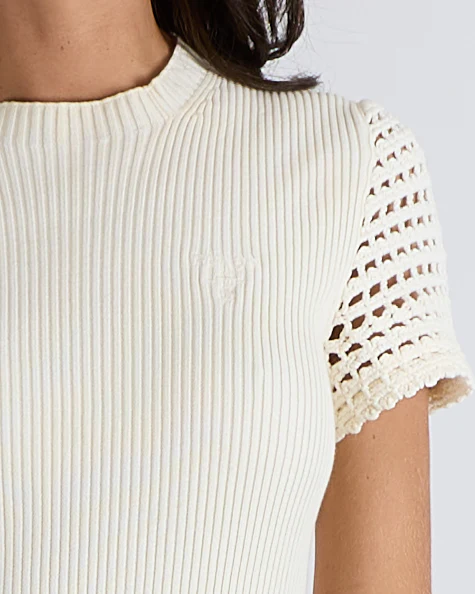 Prada Cream Ribbed Knit Mini Dress with Crochet Sleeves and Hem and Embroidered Logo Detail Detail Size IT 42 (UK 10) - Image 3