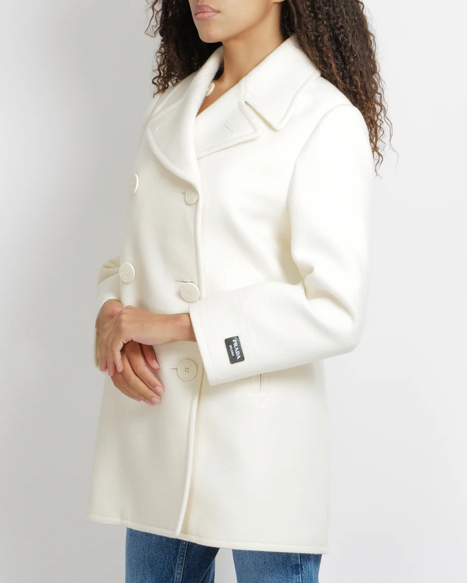Prada Cream Wool Double-Breasted Coat with Logo Buttons and Black Logo Patch Detail Size IT 38 (UK 6) RRP £3,000