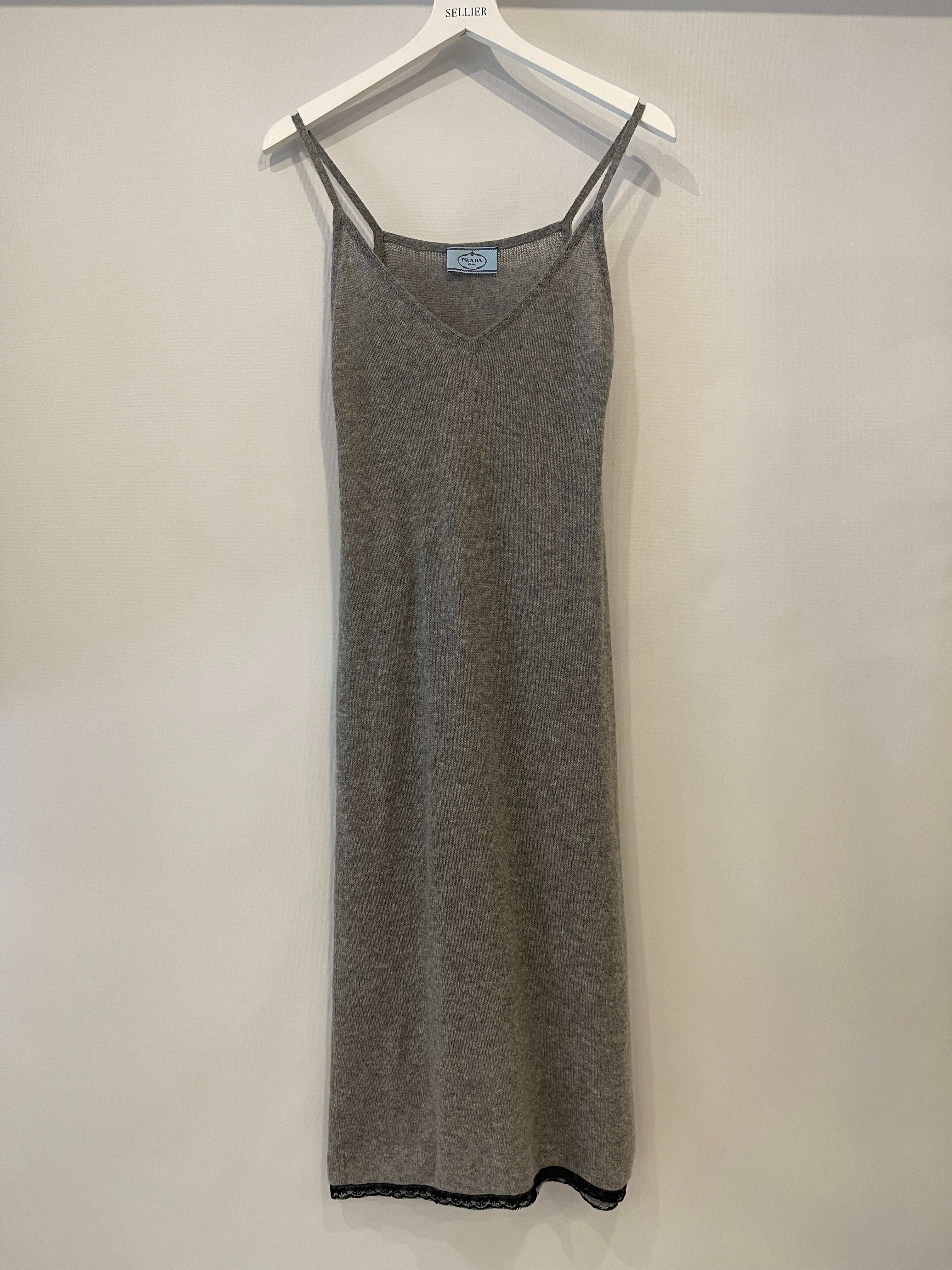 Prada Grey Cashmere Sleeveless Midi Dress with Black Lace Trim Detail Size IT 36 (UK 4) - Image 9