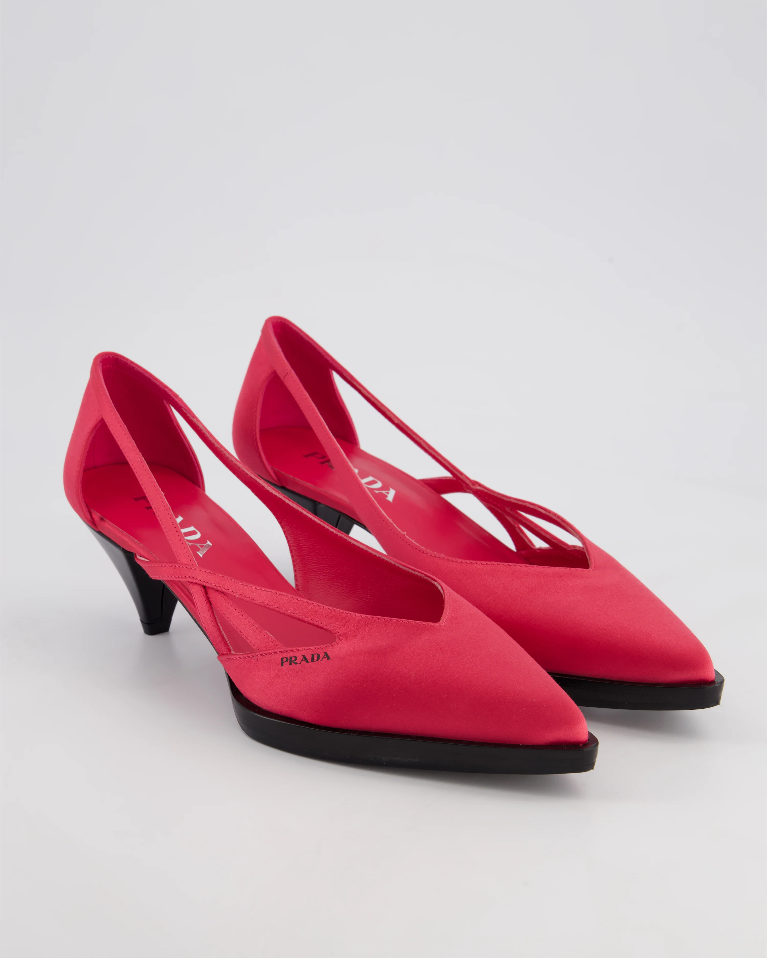 Prada Hot Pink Satin Pointed Toe Heels With Logo Detail and Black Sole Size EU 38.5 - Image 2