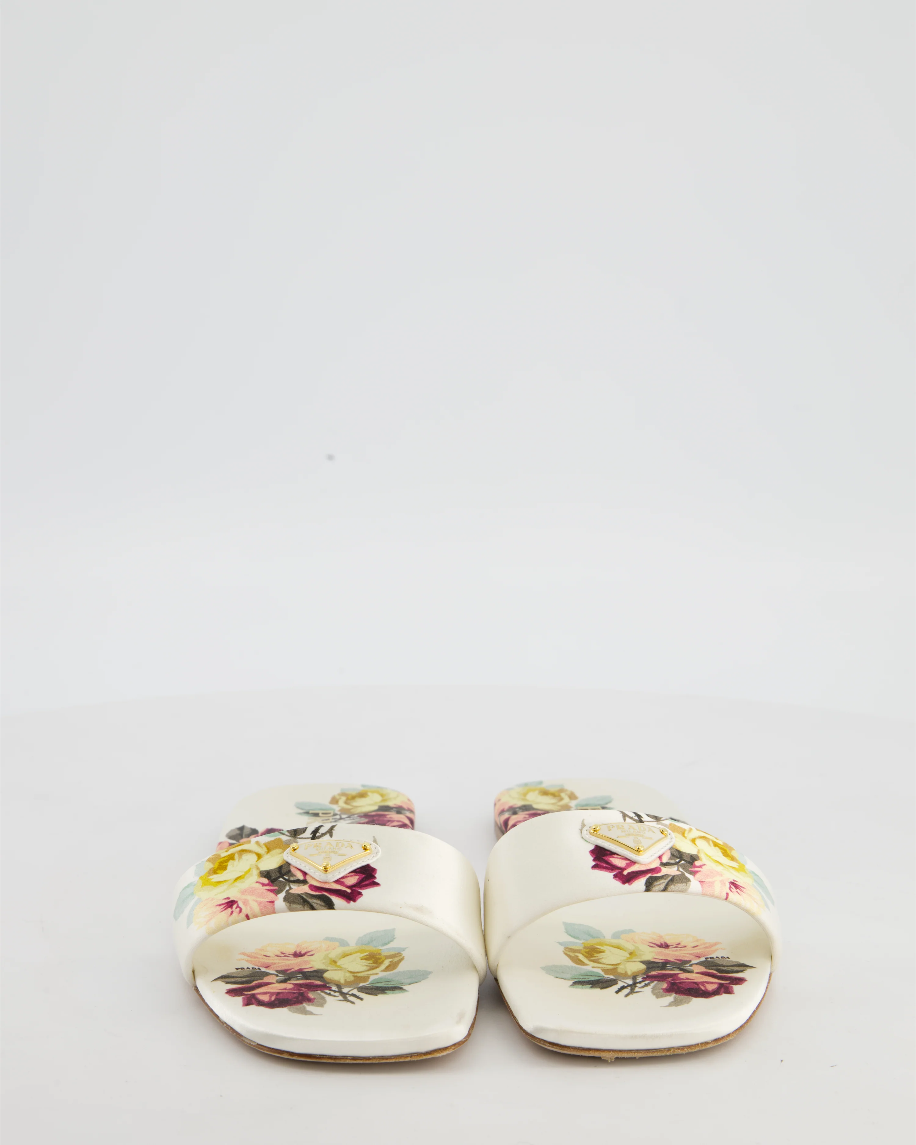 Prada Ivory Floral Satin Sandals with Plaque Logo Detail Size EU 37.5 - Image 3