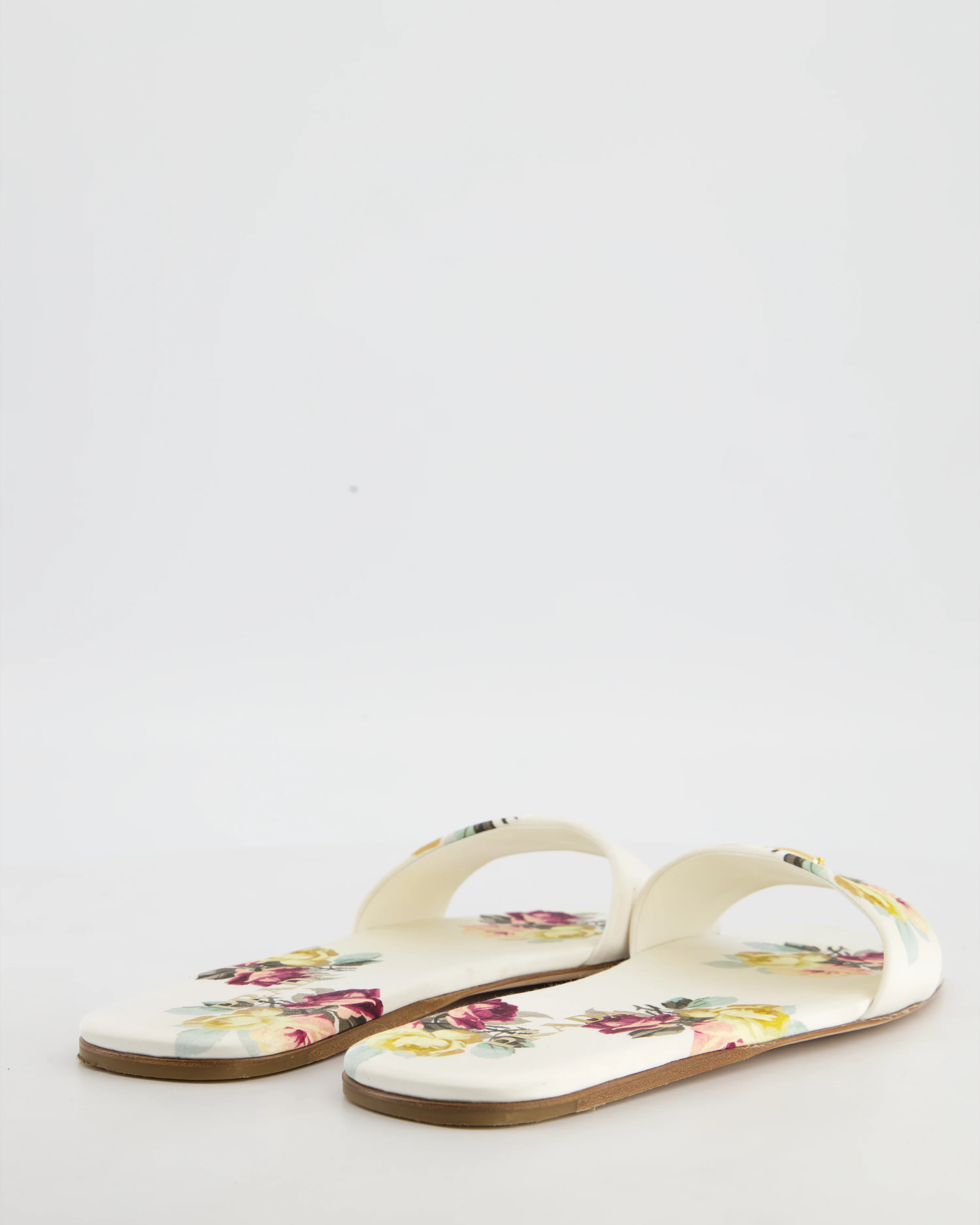 Prada Ivory Floral Satin Sandals with Plaque Logo Detail Size EU 37.5 - Image 4