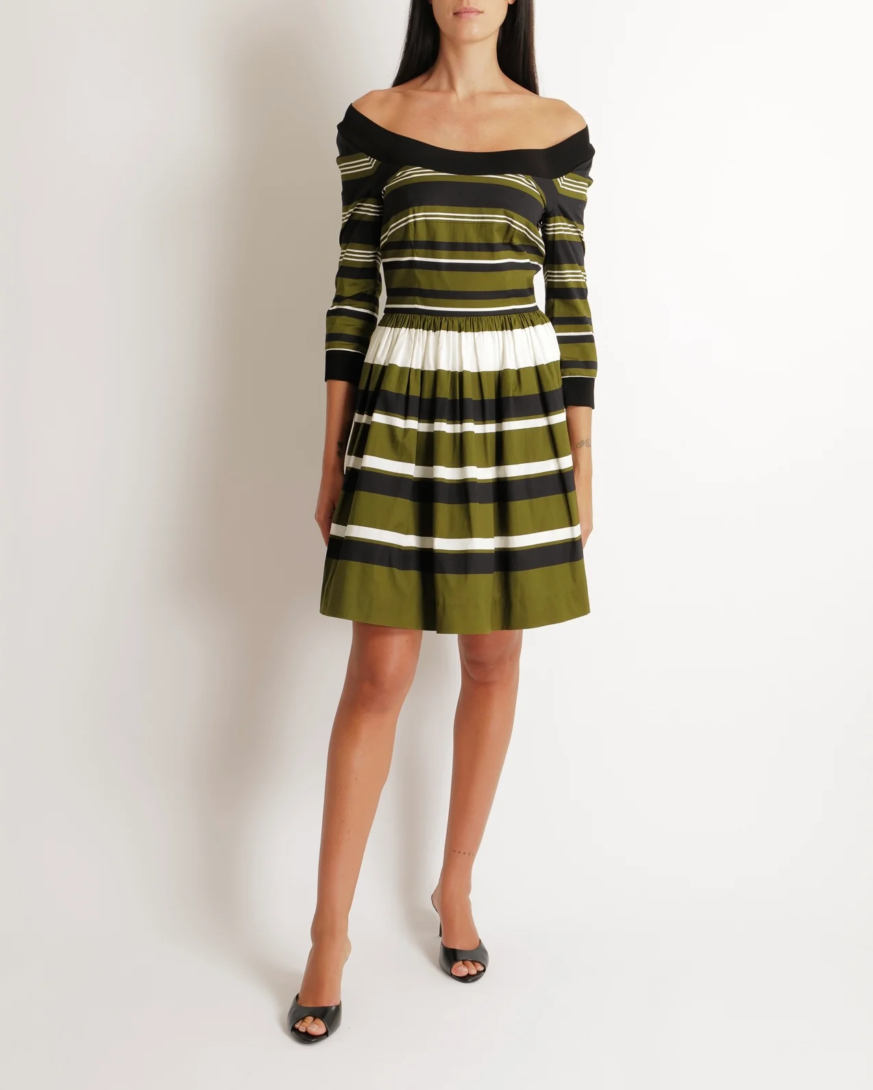 Prada Khaki, Navy & White Striped Mid-Sleeve Off-Shoulder Dress Size IT 40 (UK 8)
