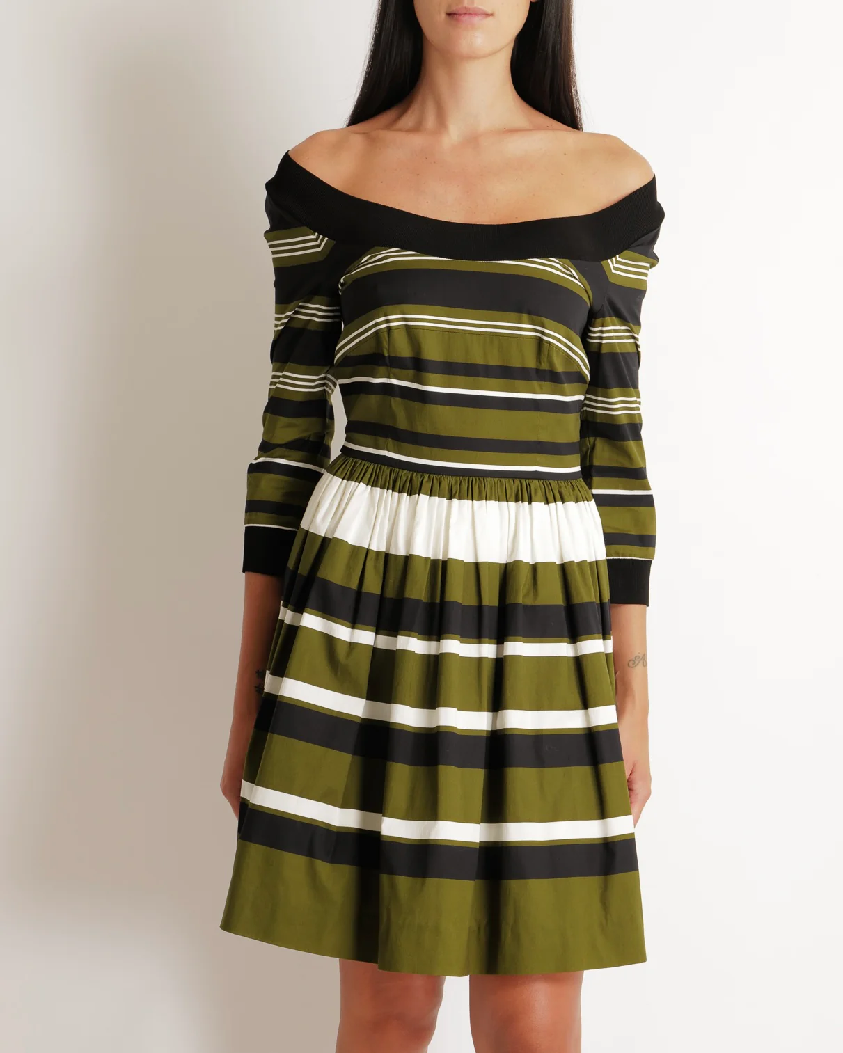 Prada Khaki, Navy & White Striped Mid-Sleeve Off-Shoulder Dress Size IT 40 (UK 8) - Image 2
